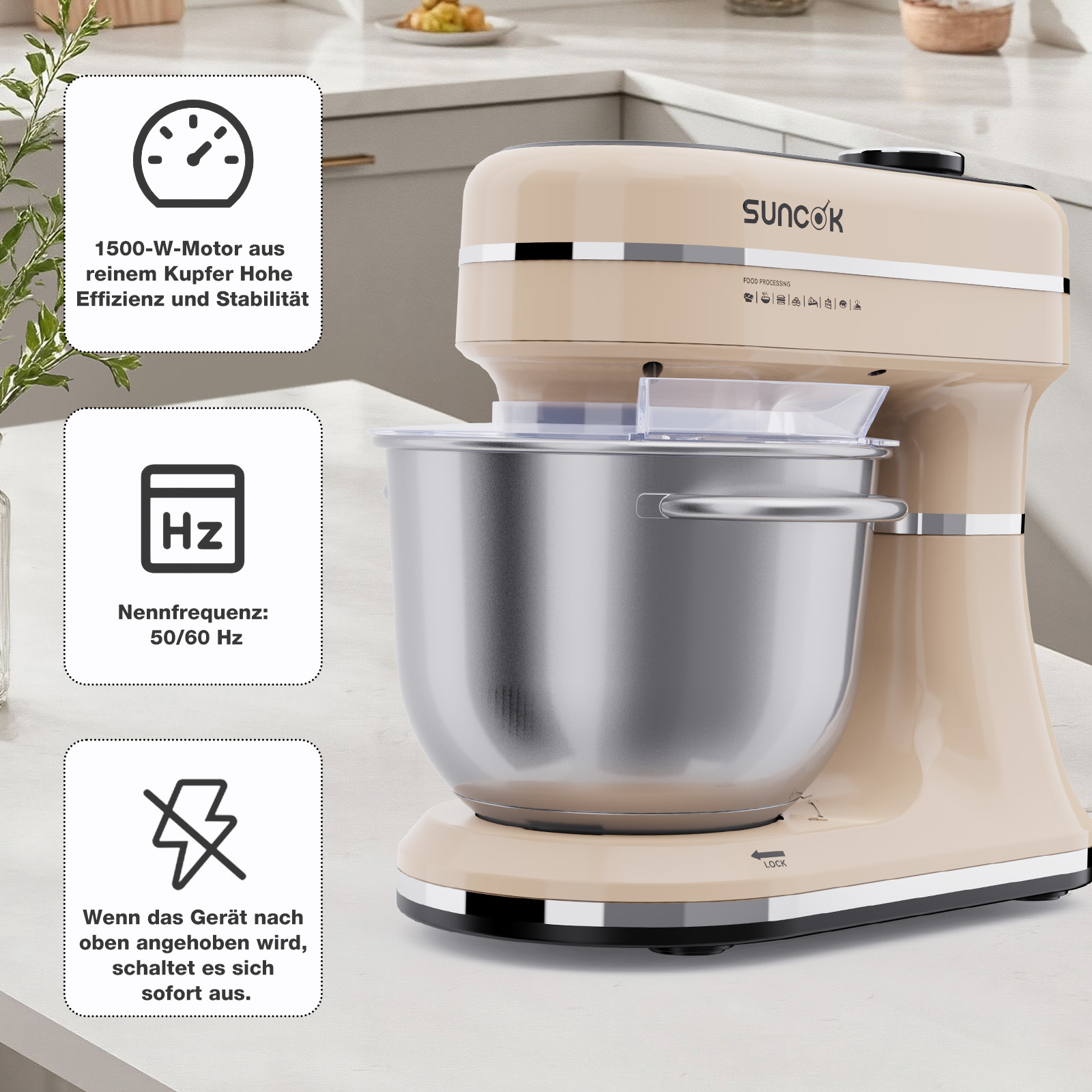 Beige Küchenmaschine auf einer Arbeitsplatte mit Funktionskästchen links.