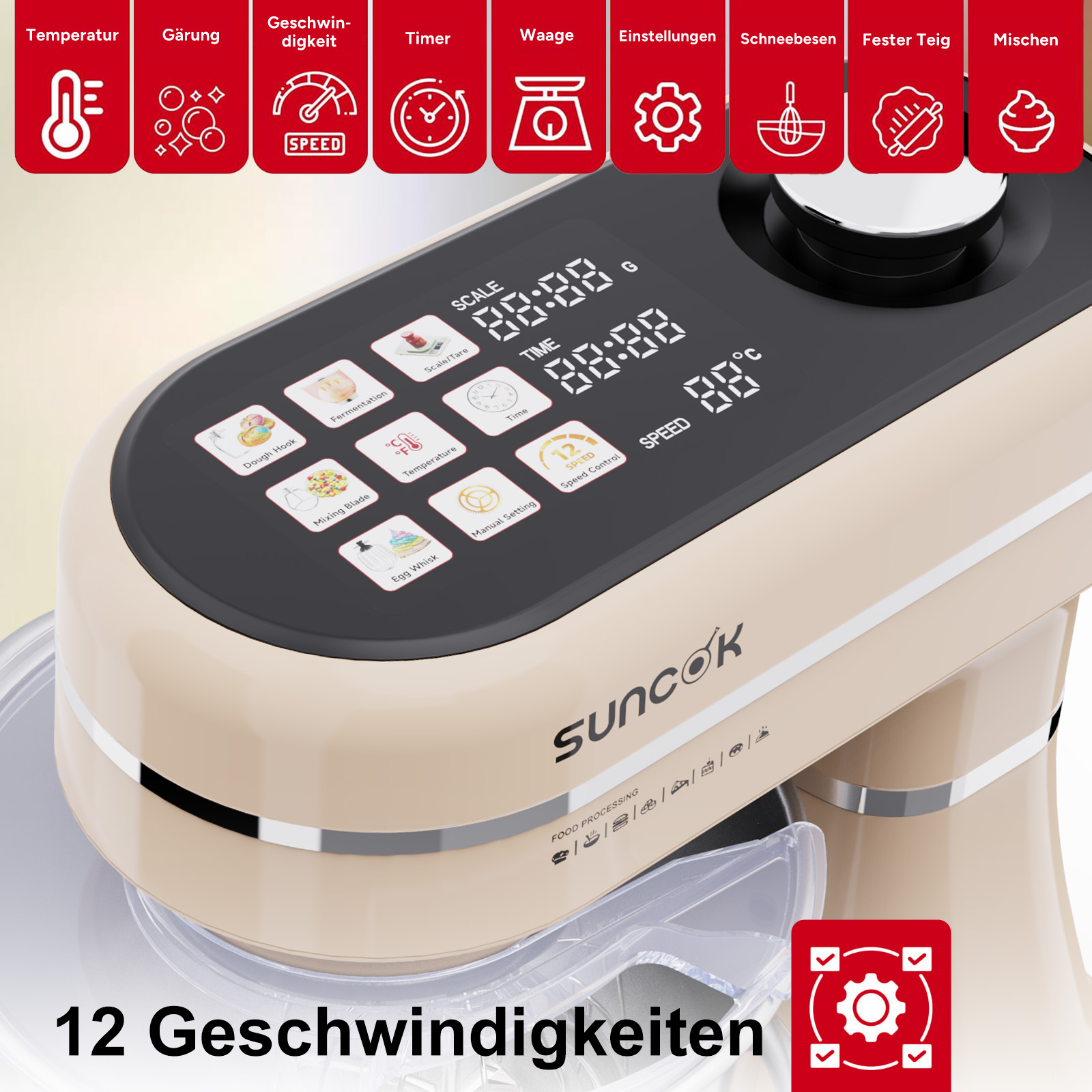 Beige Suncok Küchenmaschine mit digitalem Display und Menüoptionen oben.