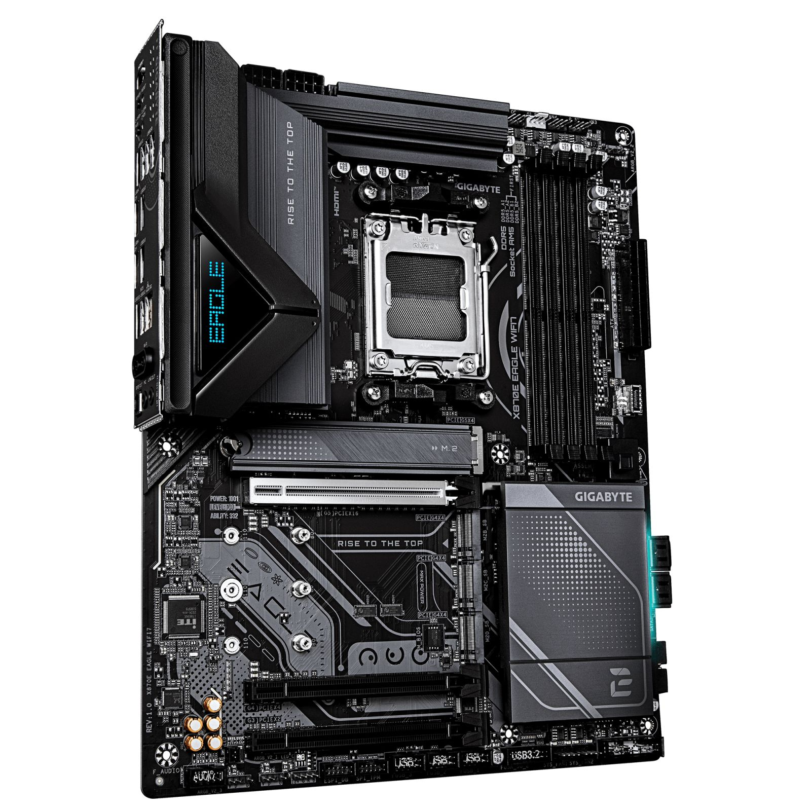 Ein schwarzes Gigabyte X870E Eagle WiFi Motherboard mit CPU-Sockel, RAM-Slots, PCIe-Steckplätzen und Kühlkörpern.