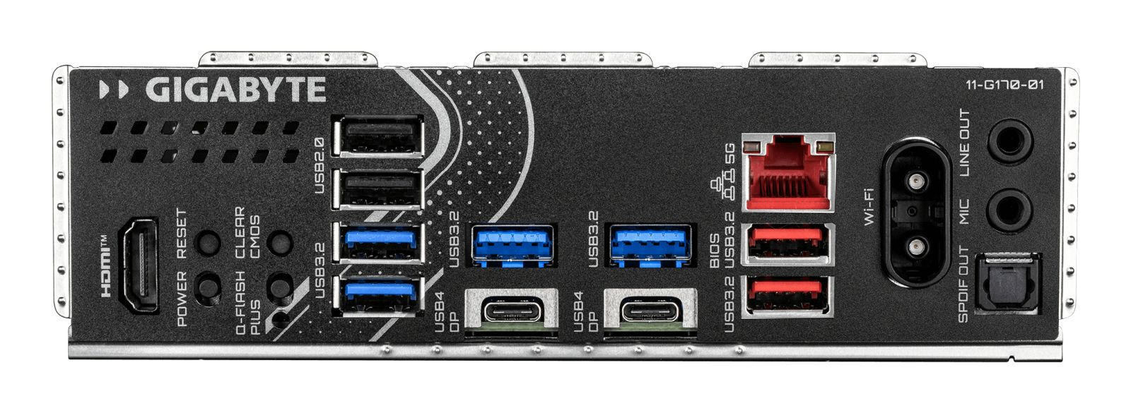 Gigabyte Mainboard I/O-Blende mit USB-, HDMI-, Ethernet-, WLAN- und Audioanschlüssen.