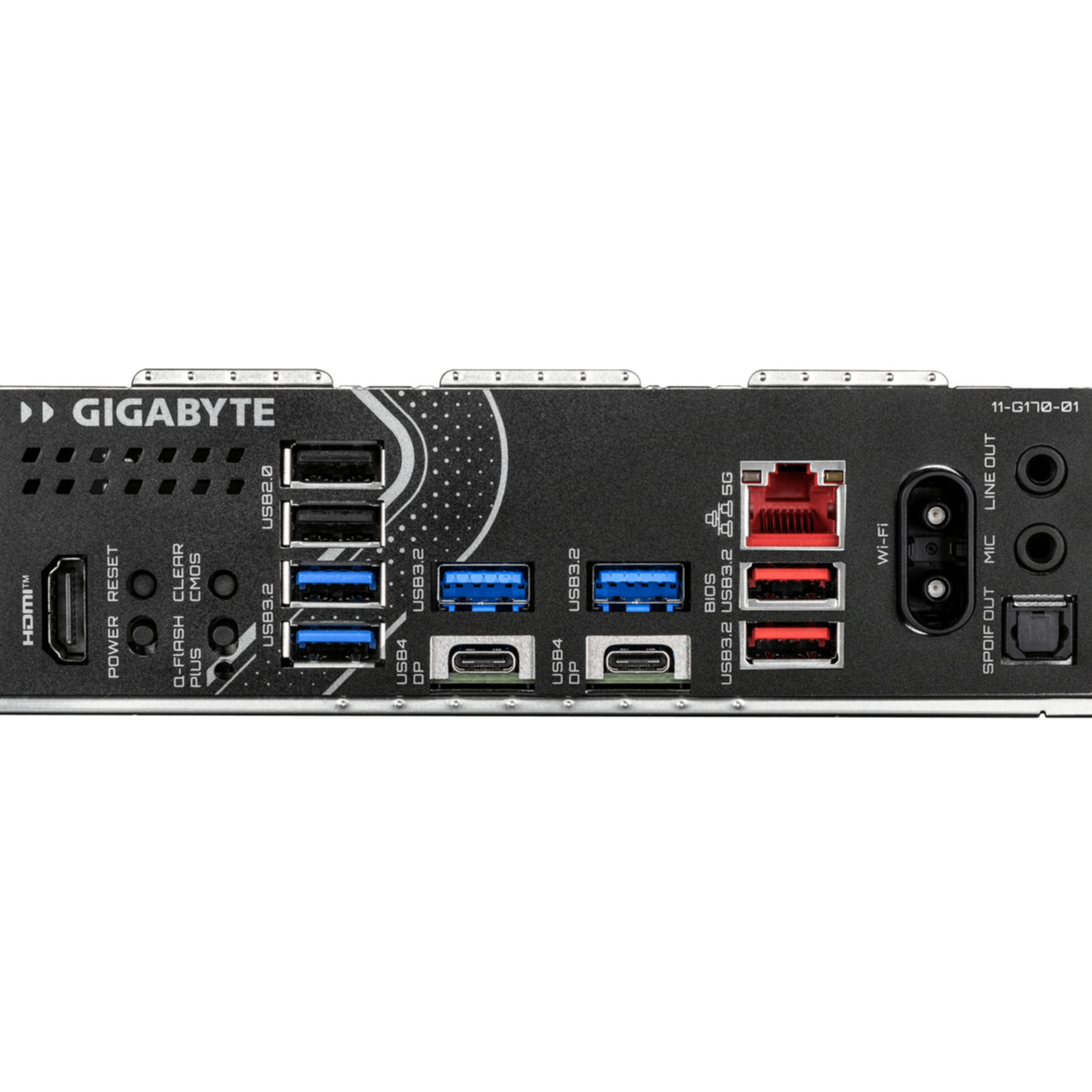 Rückseite eines Gigabyte-Motherboards mit USB, HDMI, Ethernet und Audioanschlüssen auf schwarzem Hintergrund.