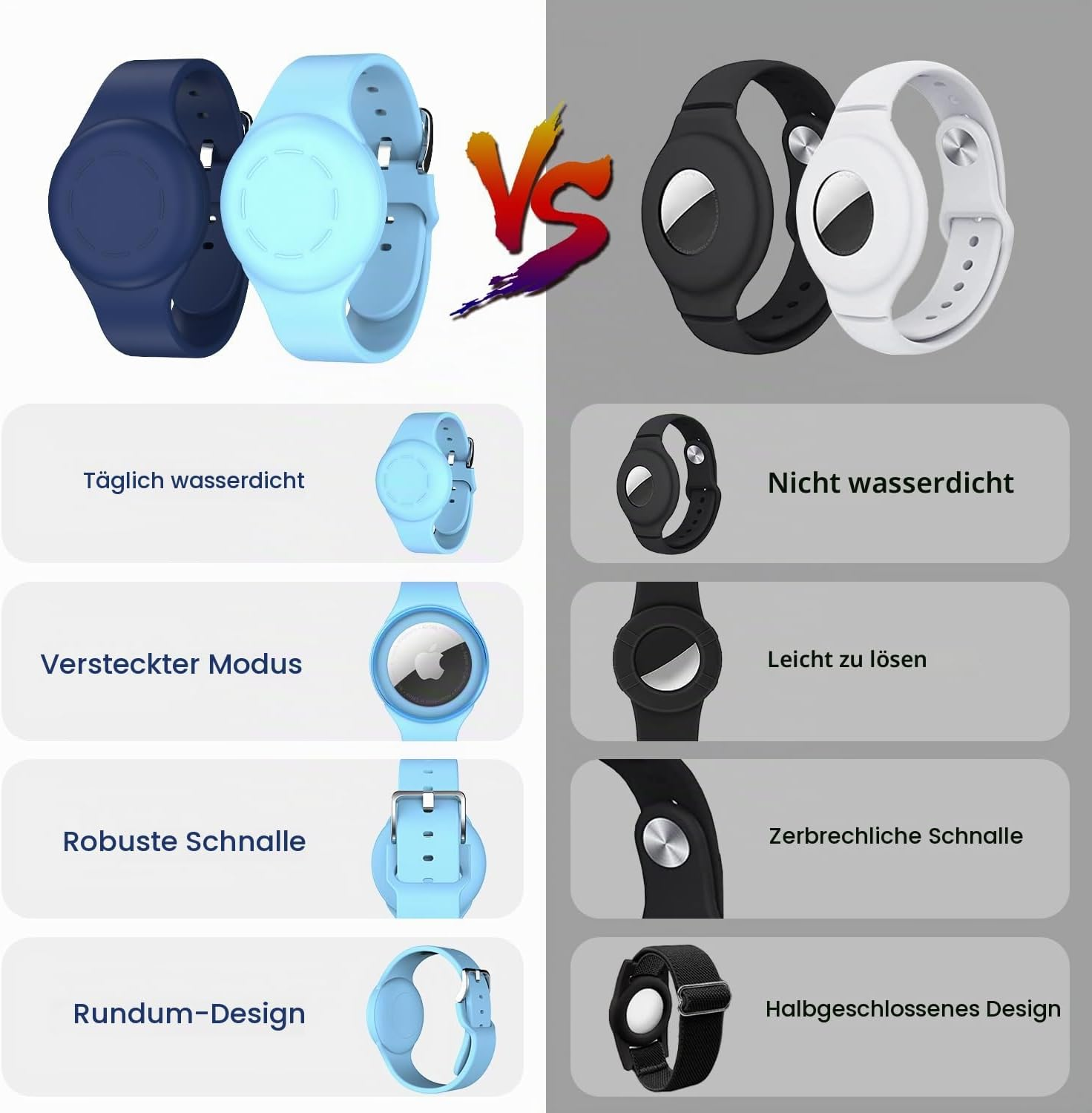 Vergleich zweier Uhrenarmbänder mit Vor- und Nachteilen wie Wasserdichtigkeit und Design.