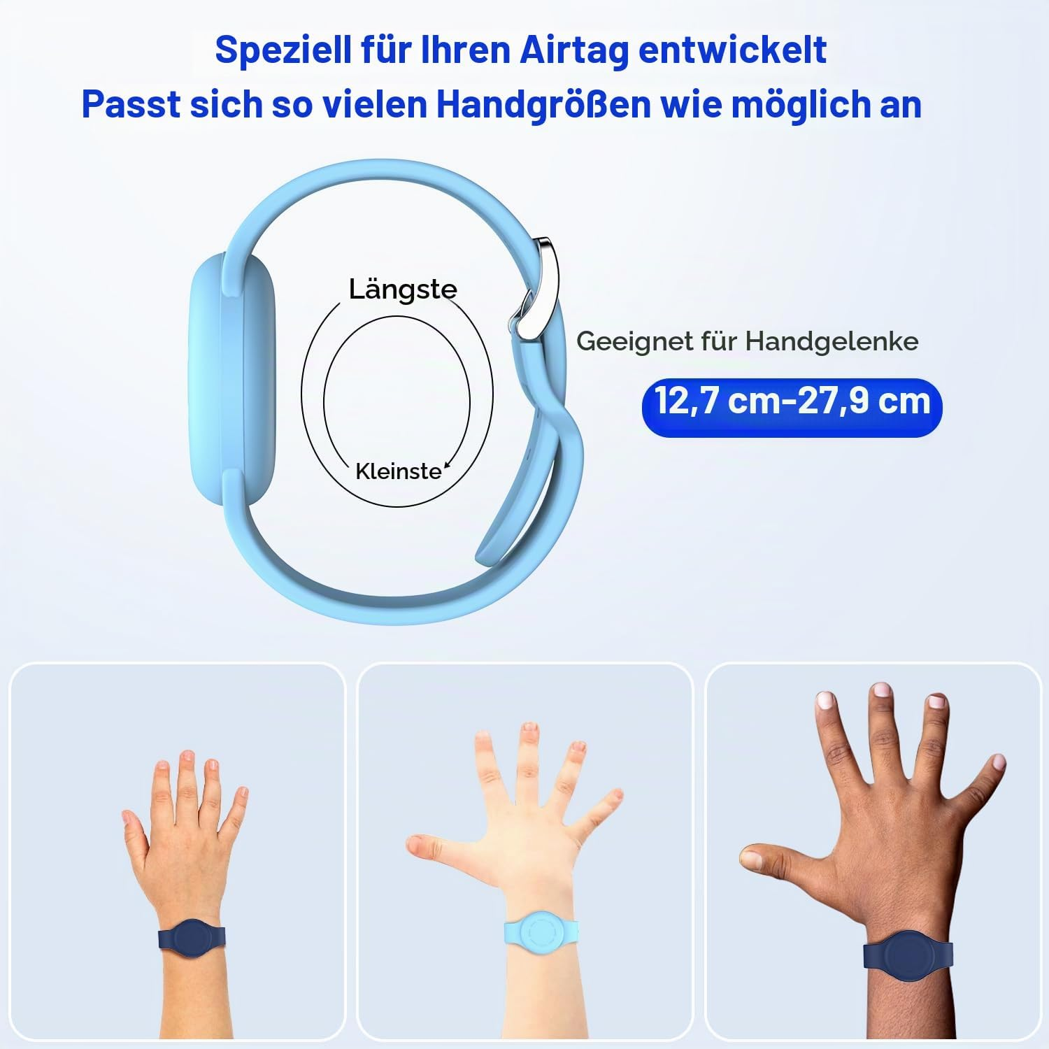 Blaue AirTag-Armbänder für verschiedene Handgelenkgrößen mit drei Beispielhänden.