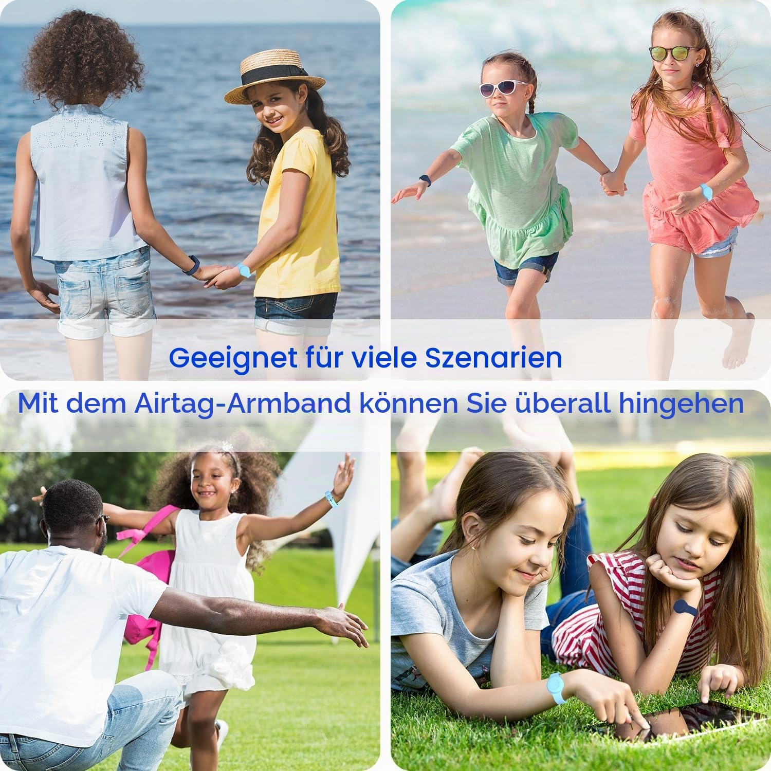 Vier Bilder von Kindern mit blauen Armbändern im Freien am Strand und im Park mit deutschem Werbetext.