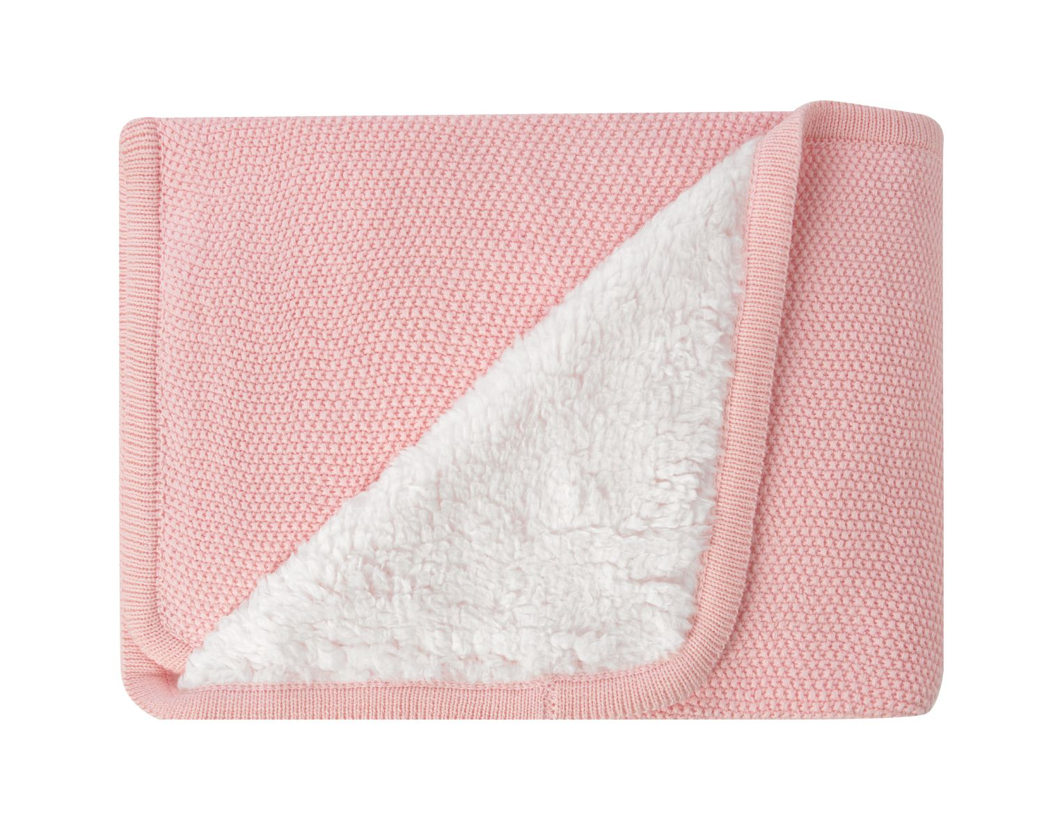 Eine rosa Strickdecke mit weichem, weißem Sherpa-Futter auf der Innenseite.