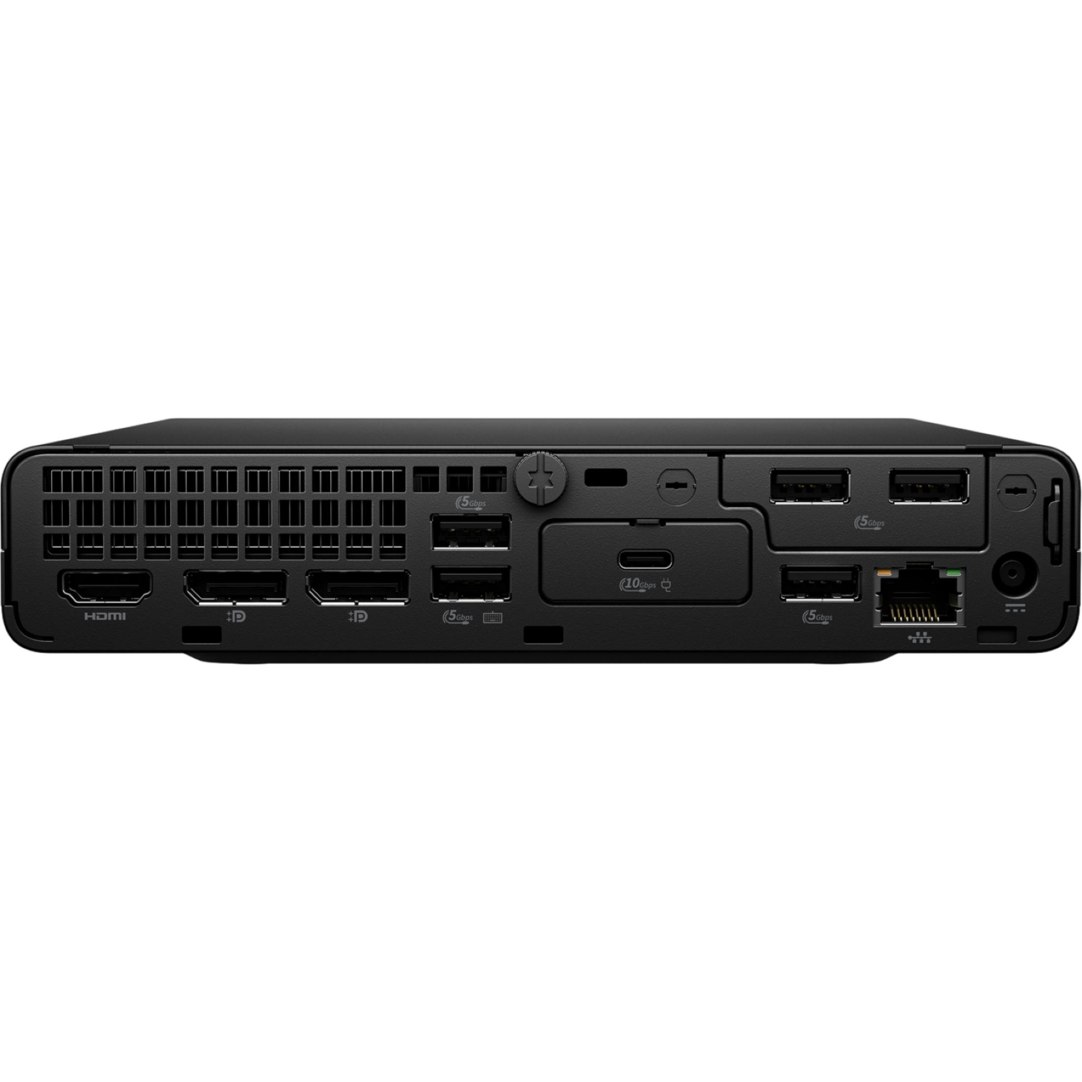 Rückansicht eines schwarzen Mini-PCs mit HDMI-, DisplayPort-, USB-Anschlüssen, USB-C und einem Ethernet-Anschluss.