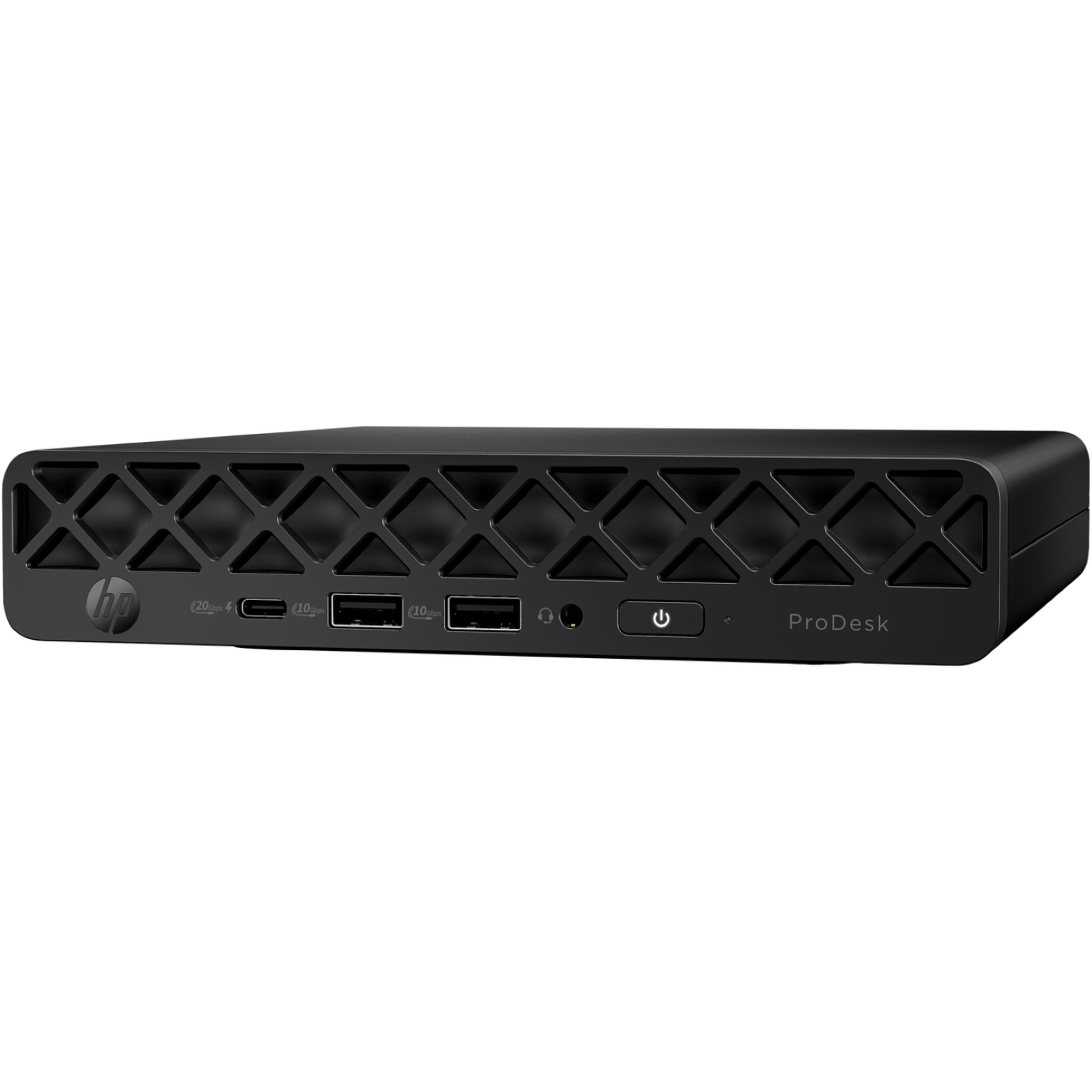 Schwarzer HP ProDesk Mini-PC mit Frontanschlüssen und Netzschalter.