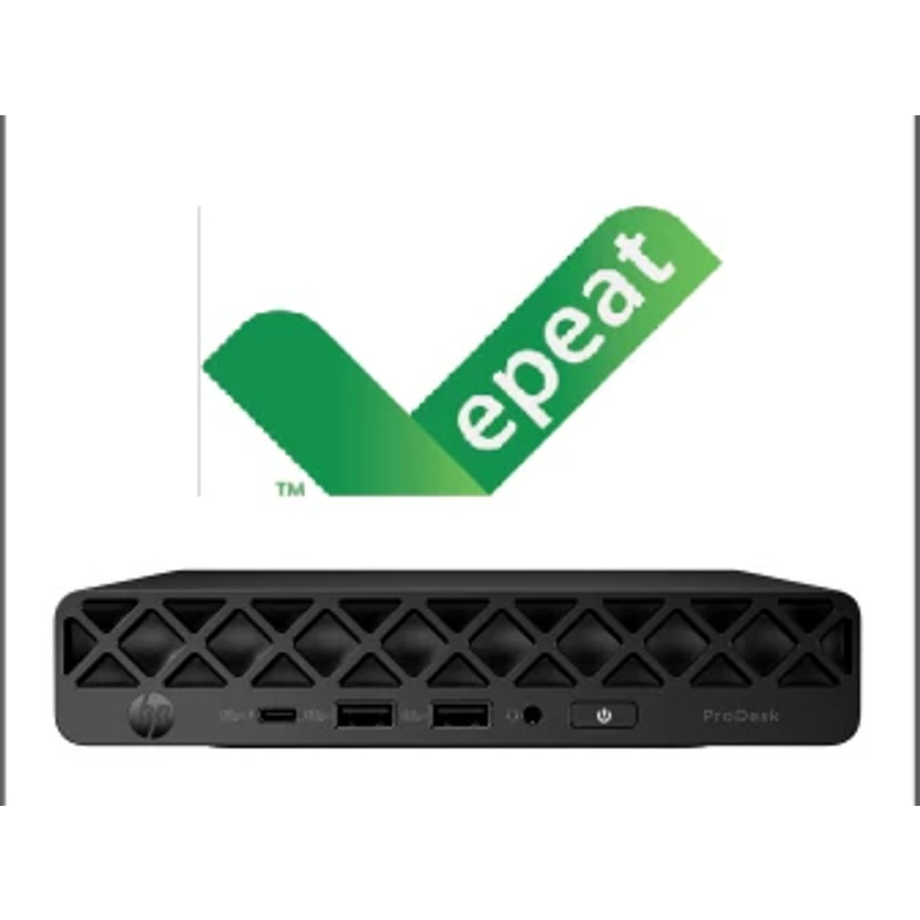 Ein schwarzer HP ProDesk Mini-PC unter einem grünen Epeat-Häkchen-Logo vor weißem Hintergrund.