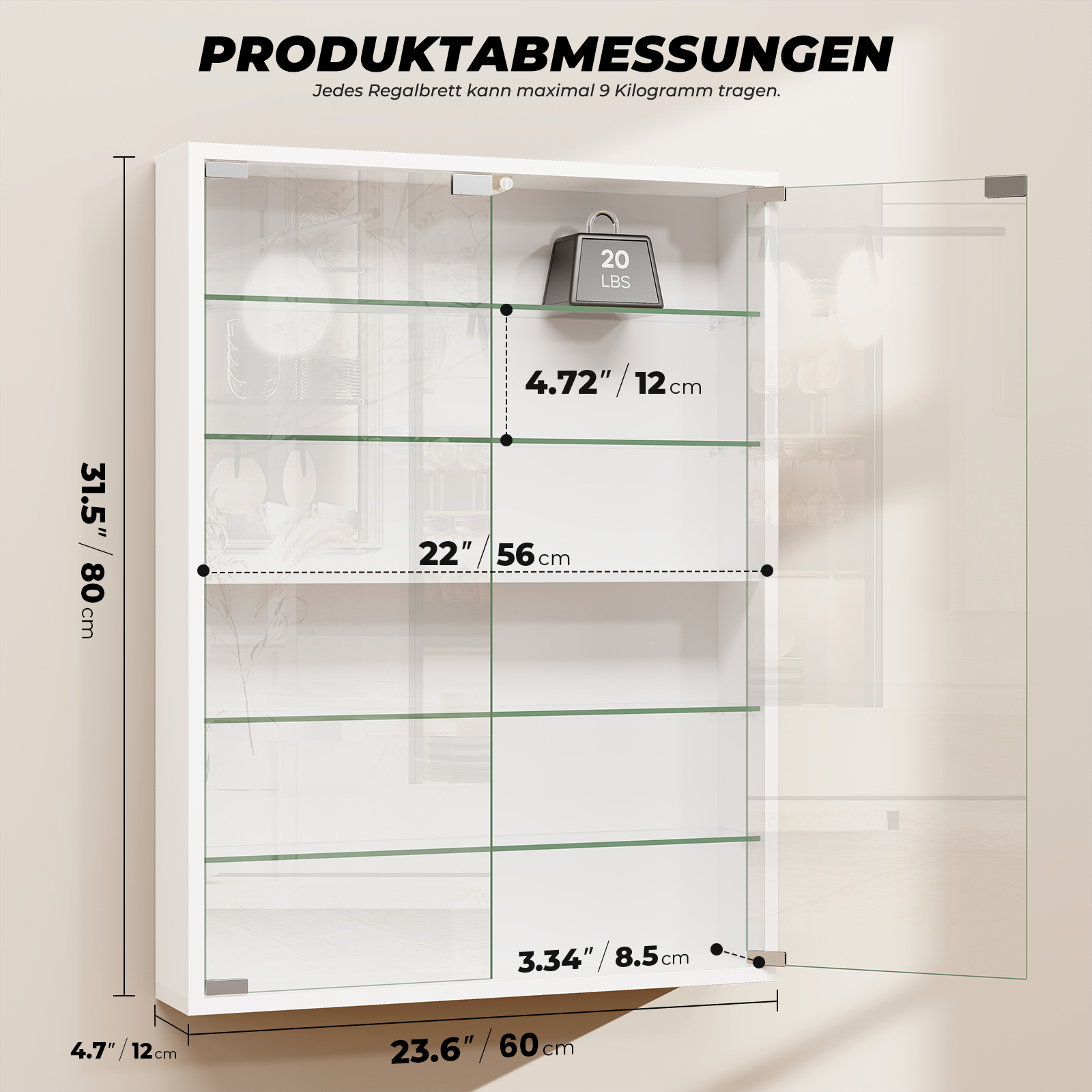 Diagramm zeigt die Abmessungen eines weißen Wandschranks mit Glastüren und Maßangaben.