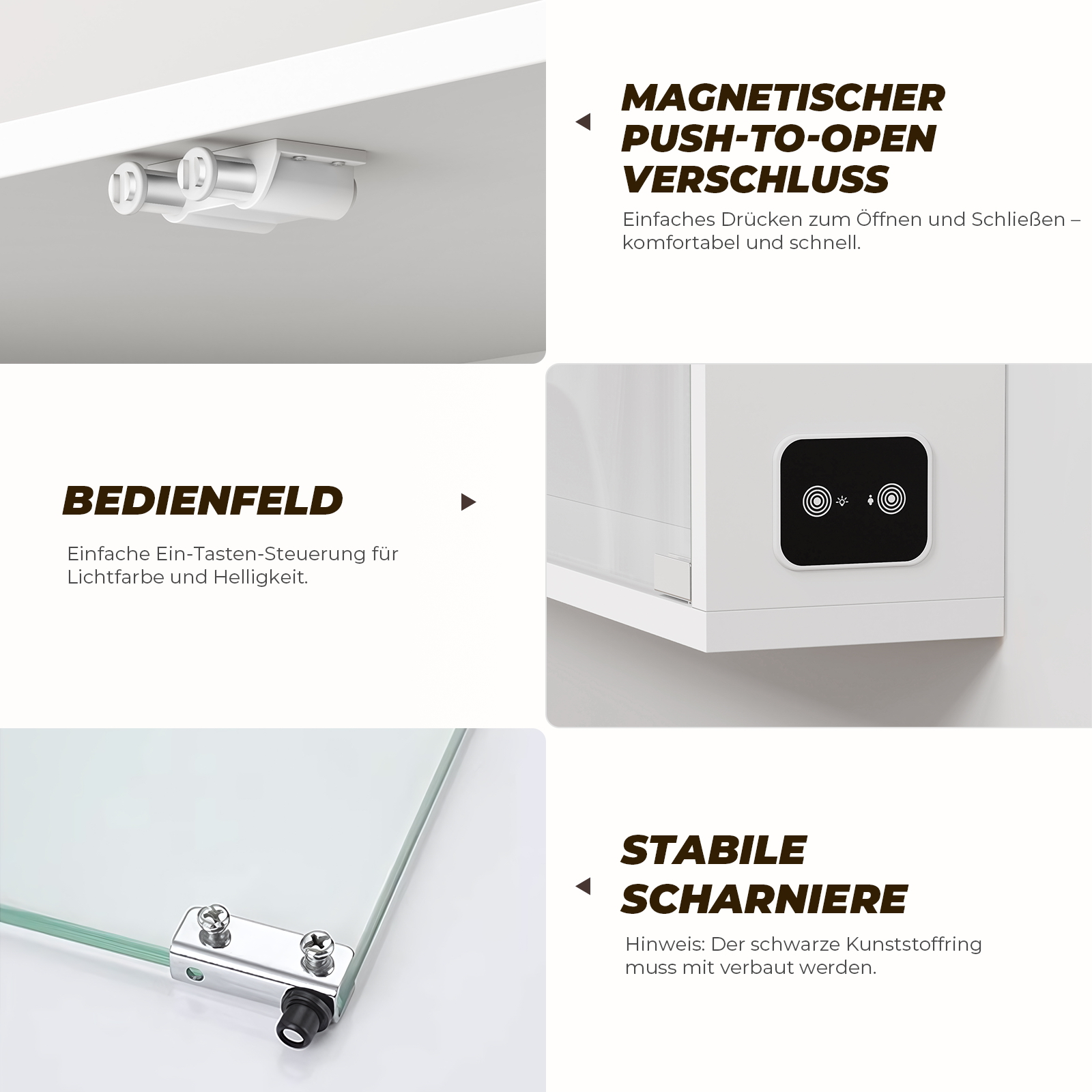Ein Bild zeigt Magnetverschlüsse, ein Bedienfeld und stabile Scharniere an Möbeln mit deutschen Beschreibungen.