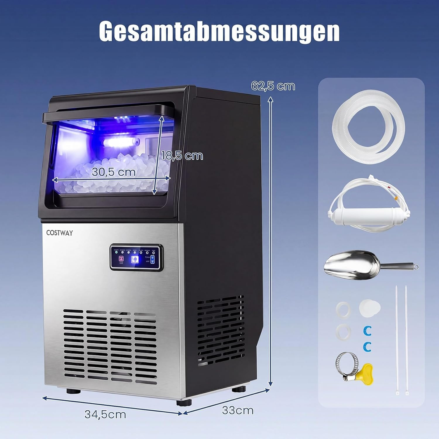 Edelstahl-Eiswürfelbereiter mit Maßangaben und Zubehörteilen rechts.