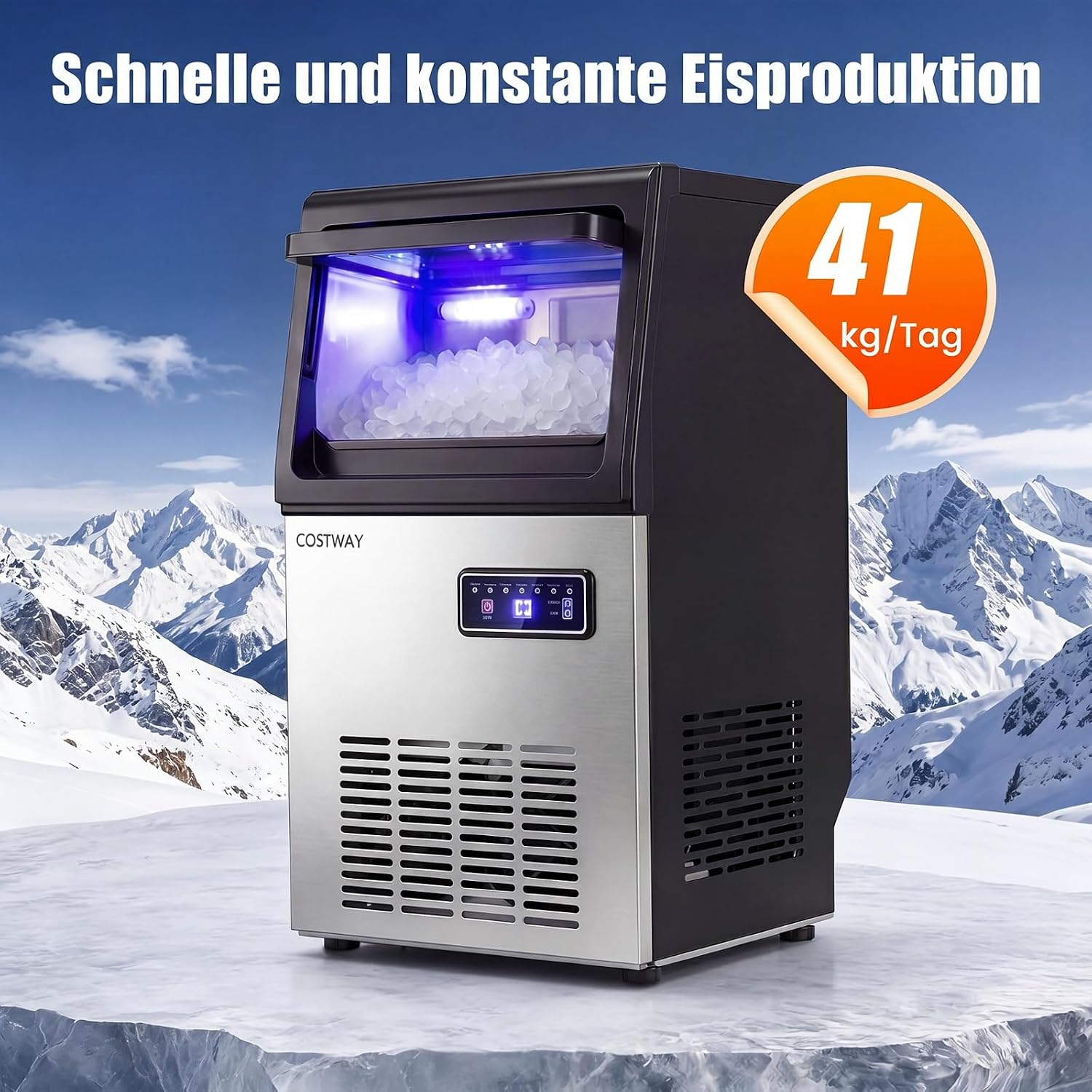 Edelstahl-Eiswürfelbereiter vor einer verschneiten Bergkulisse mit Text.