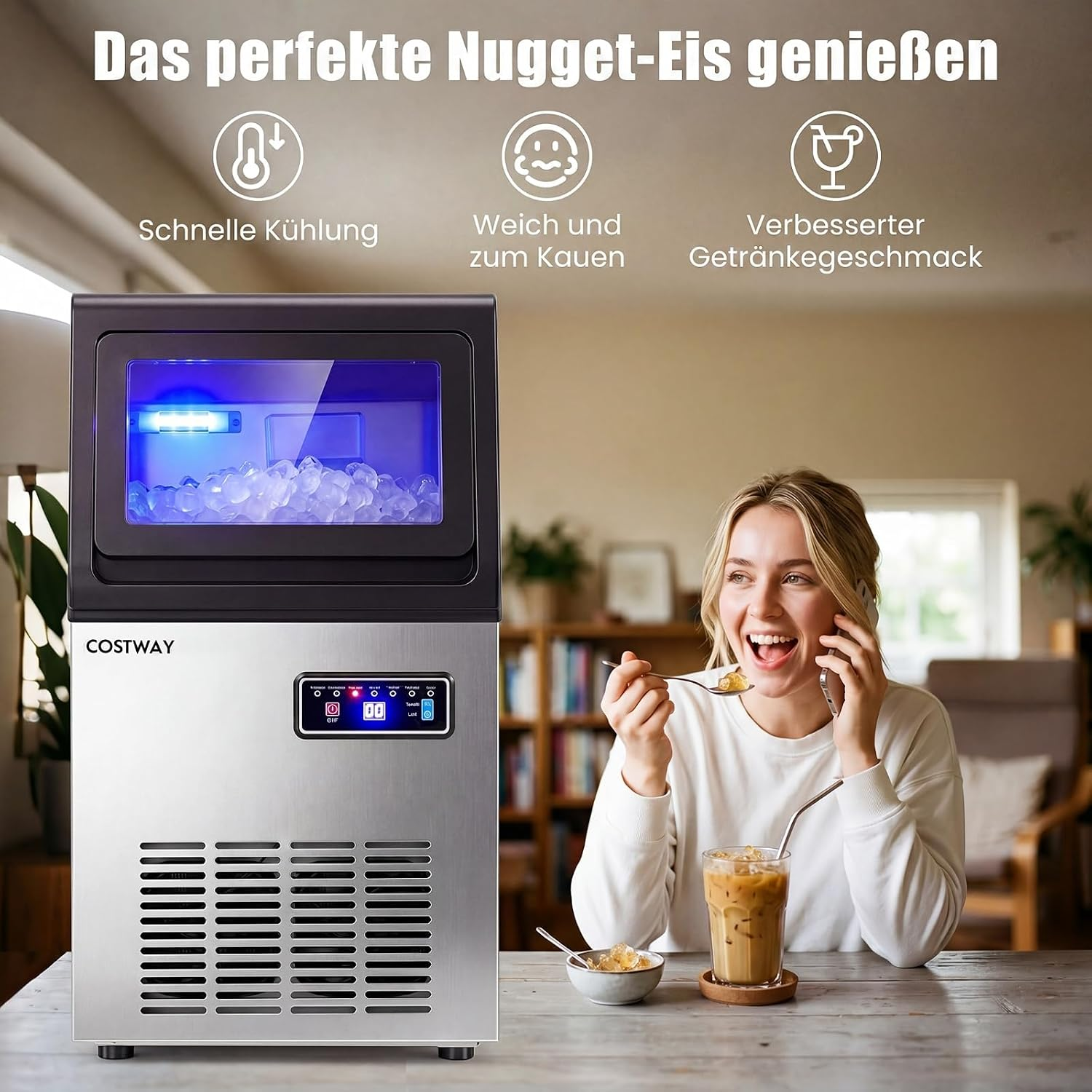 Edelstahl-Eisbereiter auf Holztisch mit Frau, die Eis isst und telefoniert.
