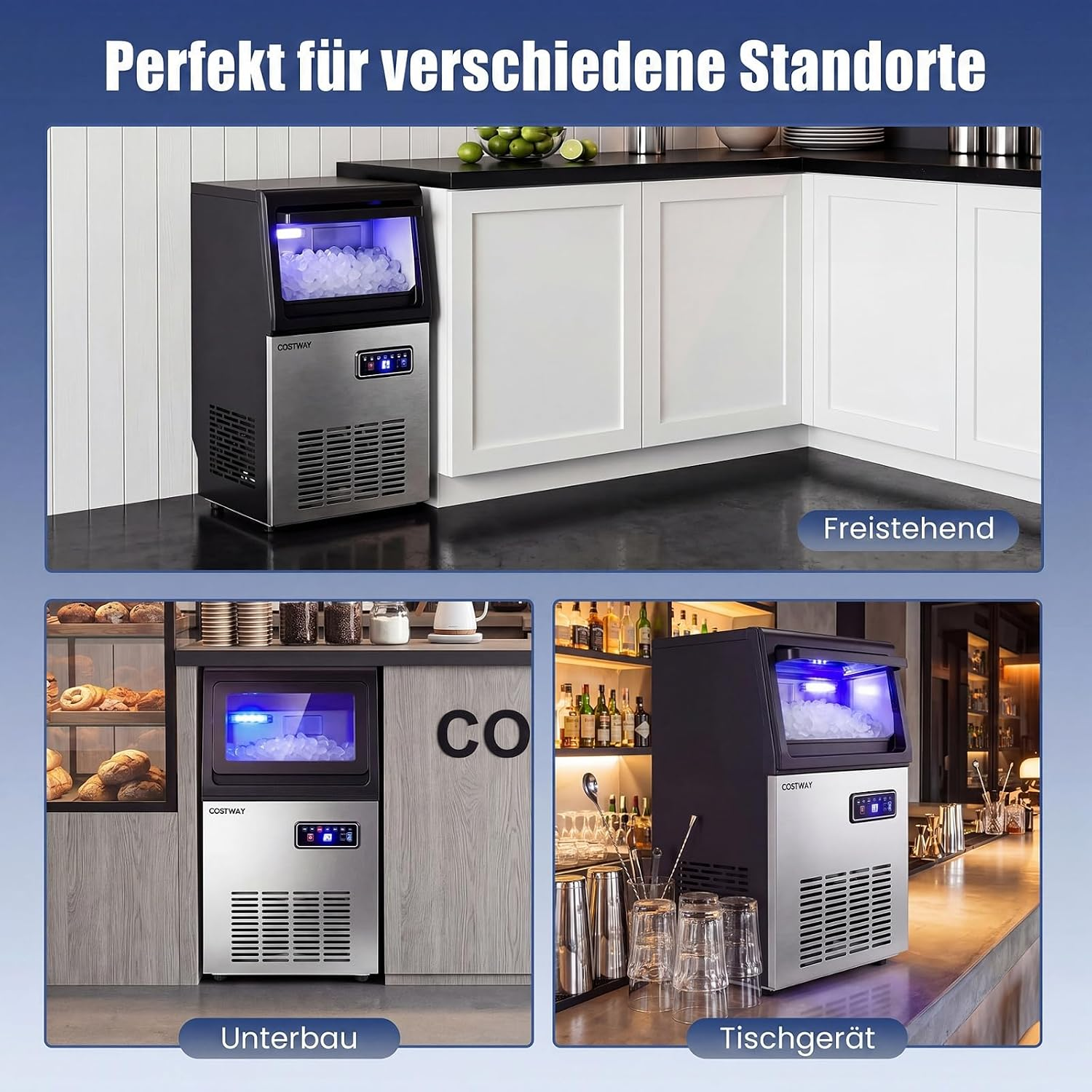 Eine Eismaschine, die freistehend, als Unterbau und als Tischgerät in verschiedenen Räumen genutzt wird.