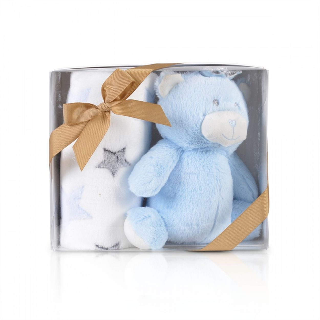 Ein Geschenkset mit einem blauen Plüschbären und einer weißen Decke mit Sternen in einer Box mit goldener Schleife.