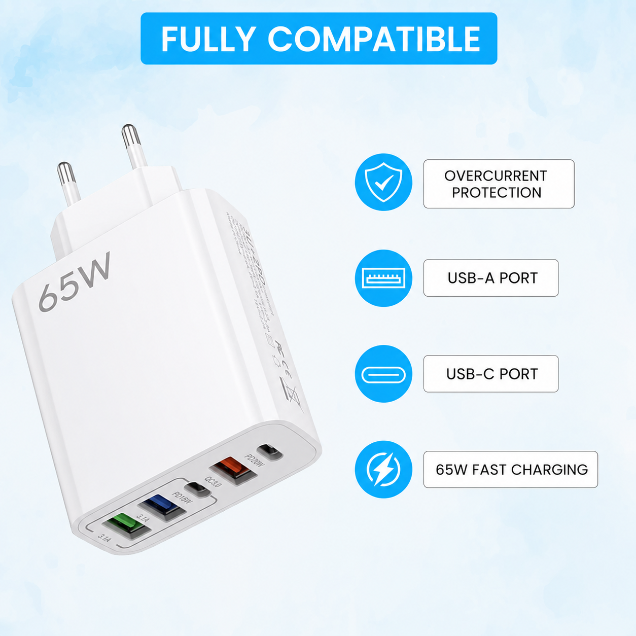 Chargeur mural blanc de 65W avec plusieurs ports USB, protection contre les surintensités et charge rapide.