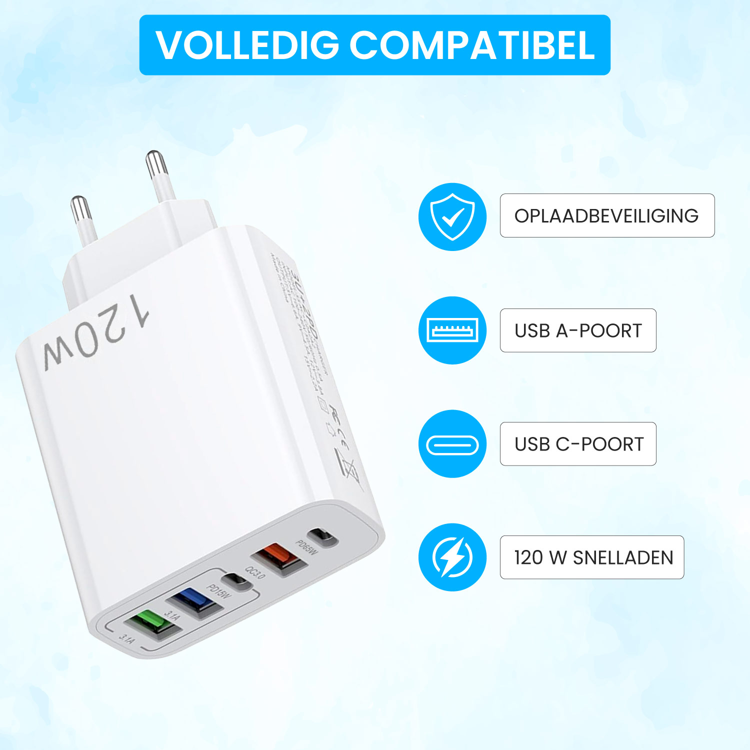White 120W fast charger with multiple USB-A and USB-C ports.