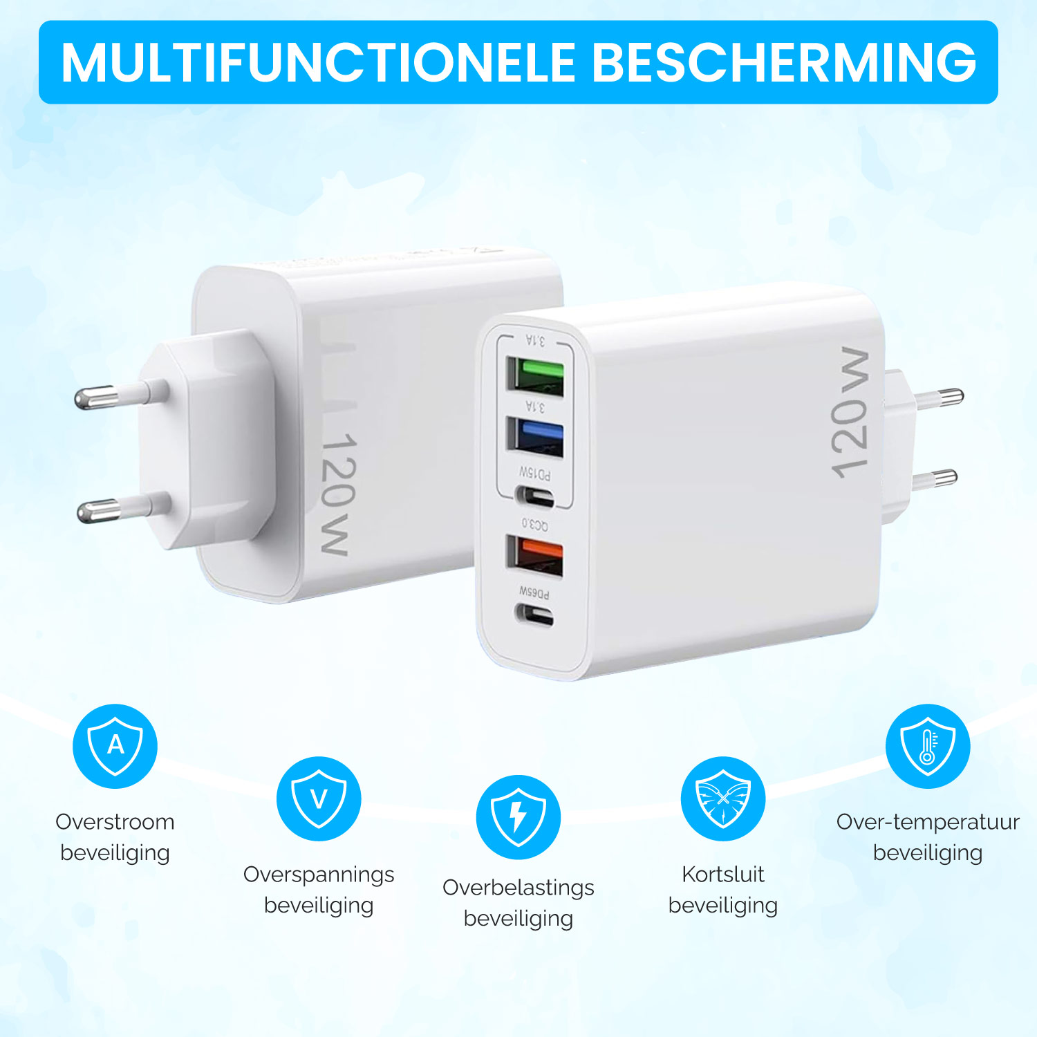 Two white 120W USB wall chargers with multiple ports and safety features.