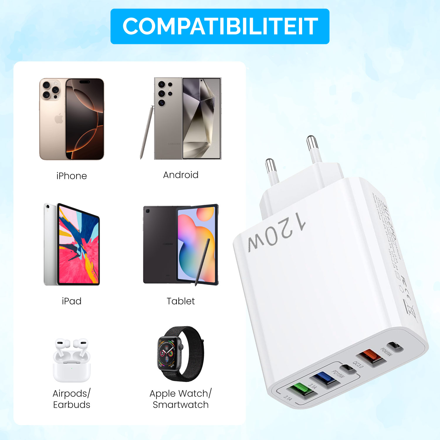 White fast multi-charger shown alongside compatible devices like smartphones, tablets, and smartwatches.
