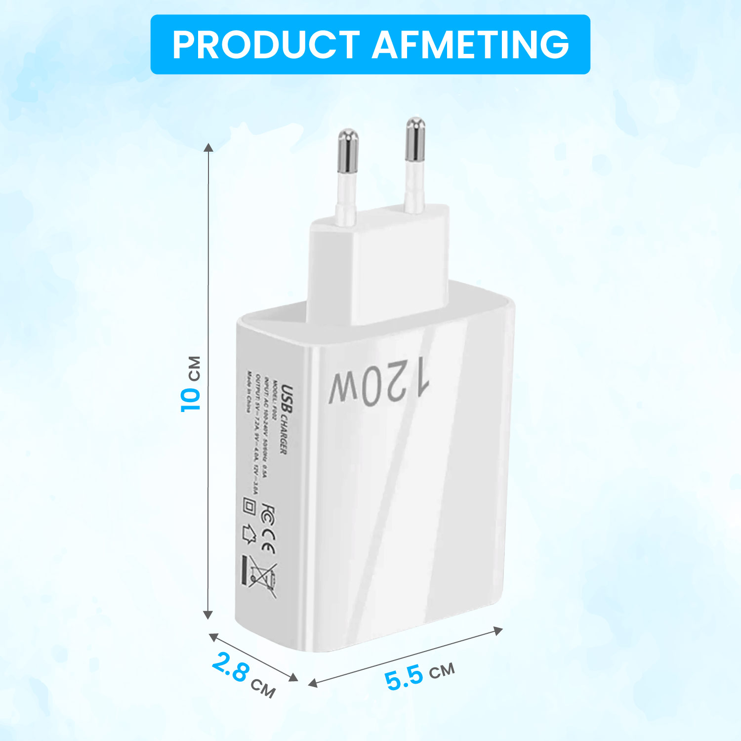 White 120W USB wall charger with dimensions 10x5.5x2.8 cm on light background.