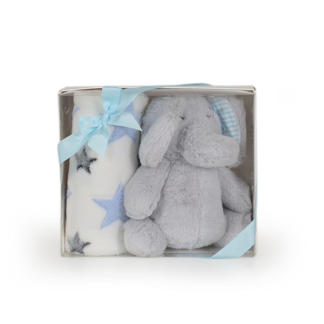 Ein Geschenkset mit einem grauen Plüschelefanten und einer weißen Decke mit blauen und grauen Sternen, verpackt in einer Schachtel.