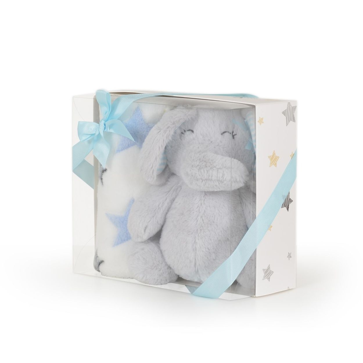 Ein grauer Plüsch elefant und eine weiße Decke mit blauen Sternen in einer Geschenkbox mit blauer Schleife.