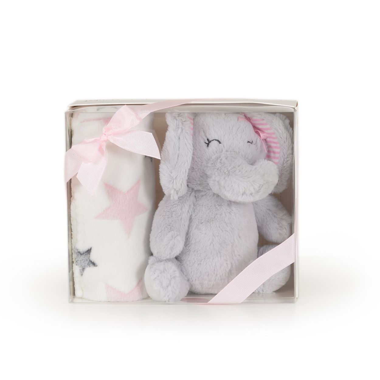 Ein Geschenkset in einer Box mit einem grauen Plüschelefanten und einer weißen Decke mit rosa Sternen, gebunden mit einer rosa Schleife.