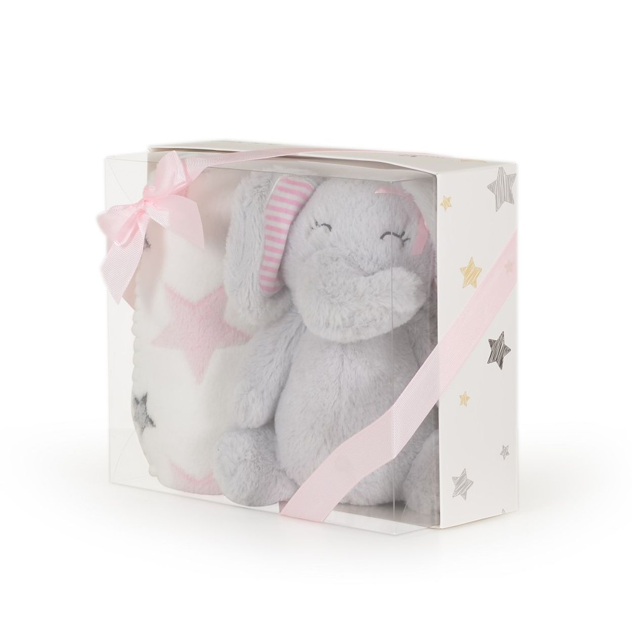 Ein grauer Plüschelefant und eine rosafarbene Sternchendecke in einer Geschenkbox.