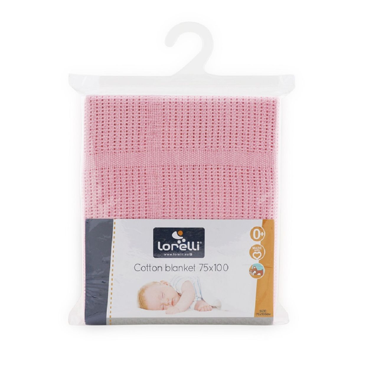 Rosa Baumwolldecke für Babys, 75x100 cm, in Plastikverpackung mit Kleiderbügel.