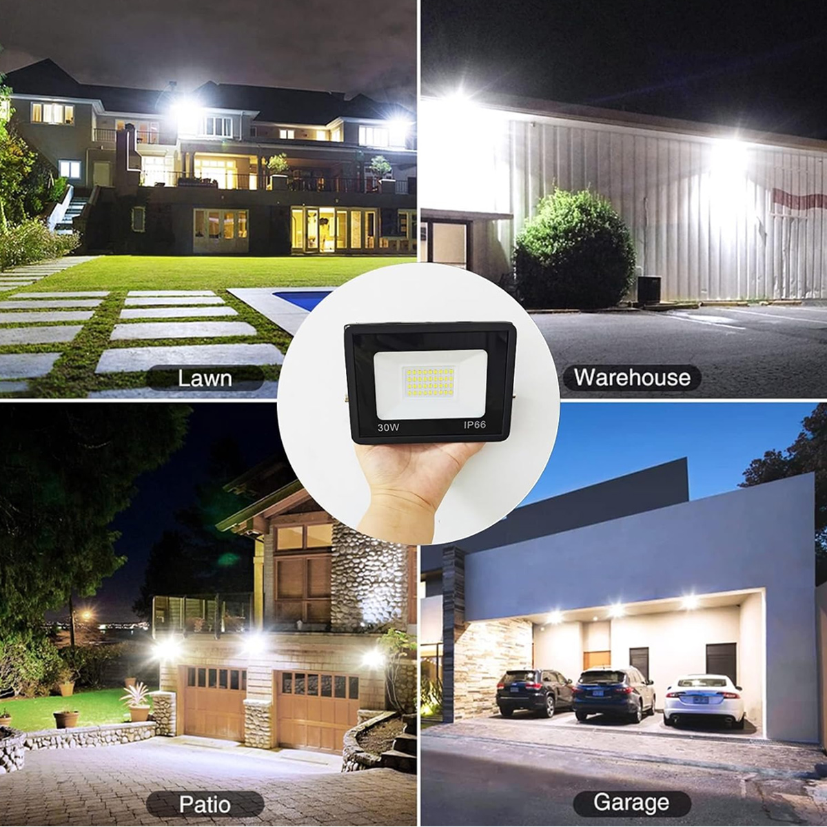 Collage mit einer Hand, die einen LED-Fluter hält, und dessen Anwendungen auf Rasen, Lager, Terrasse und Garage.