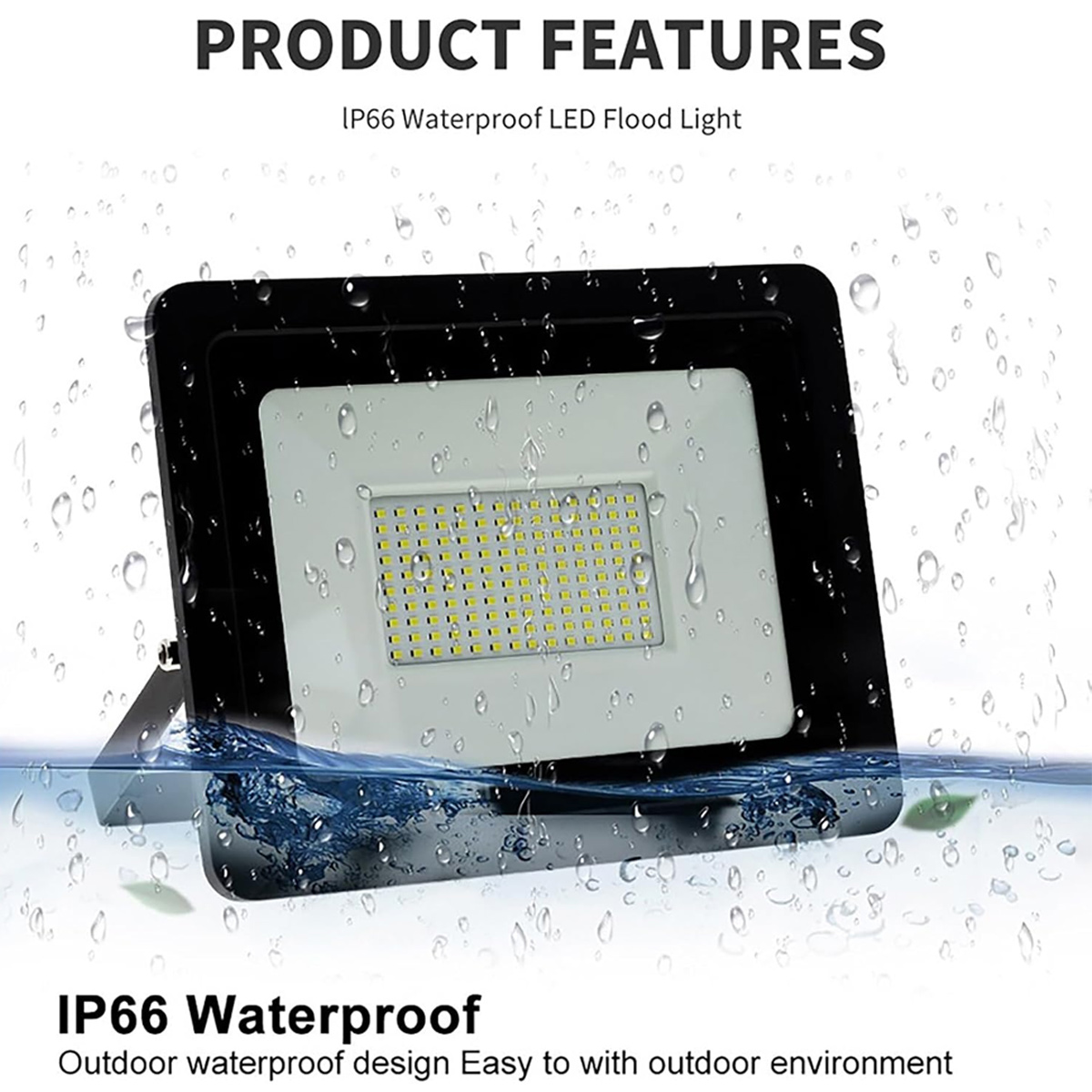 Wasserdichter LED-Fluter mit Wassertropfen auf der Oberfläche.