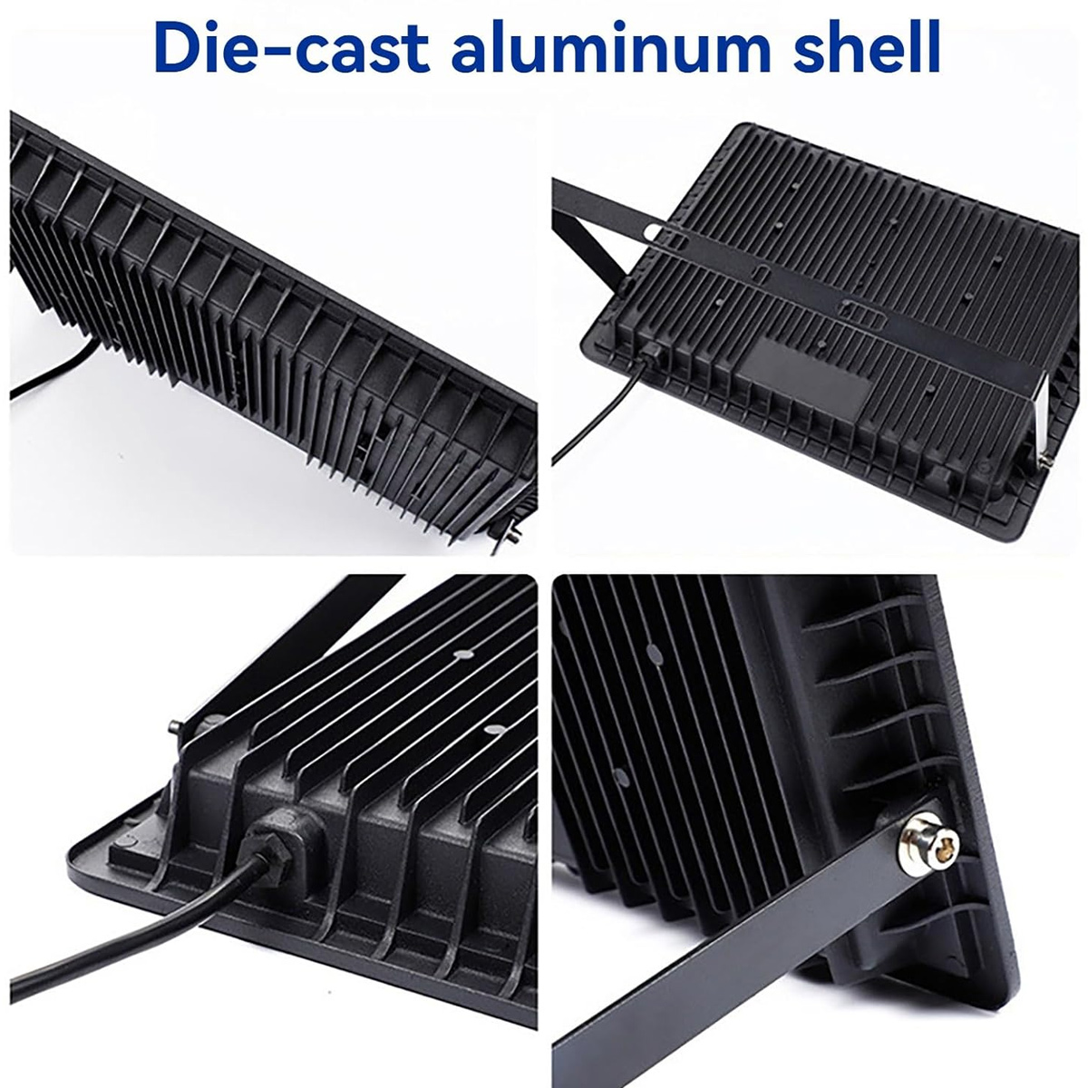 Vier Ansichten der schwarzen Aluminiumgehäuse-Rückseite eines LED-Flutlichts mit Kühlrippen und Netzkabel.