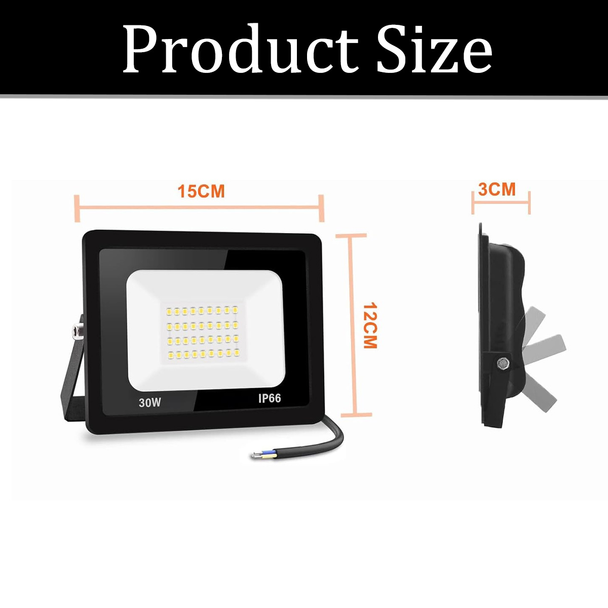 Technische Zeichnung der Produktabmessungen eines schwarzen 30W LED-Flutlichts mit 15cm Breite, 12cm Höhe, 3cm Tiefe.