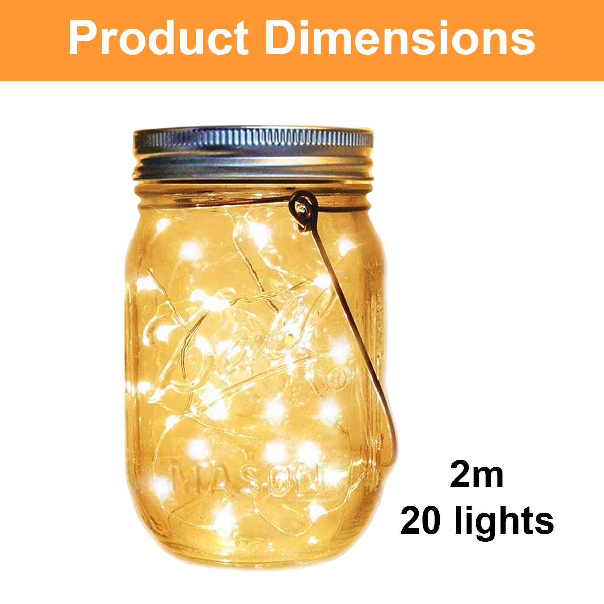 Ein gelbes Einmachglas mit Lichterkette, silbernem Deckel und Henkel, daneben der Text 2m 20 lights.
