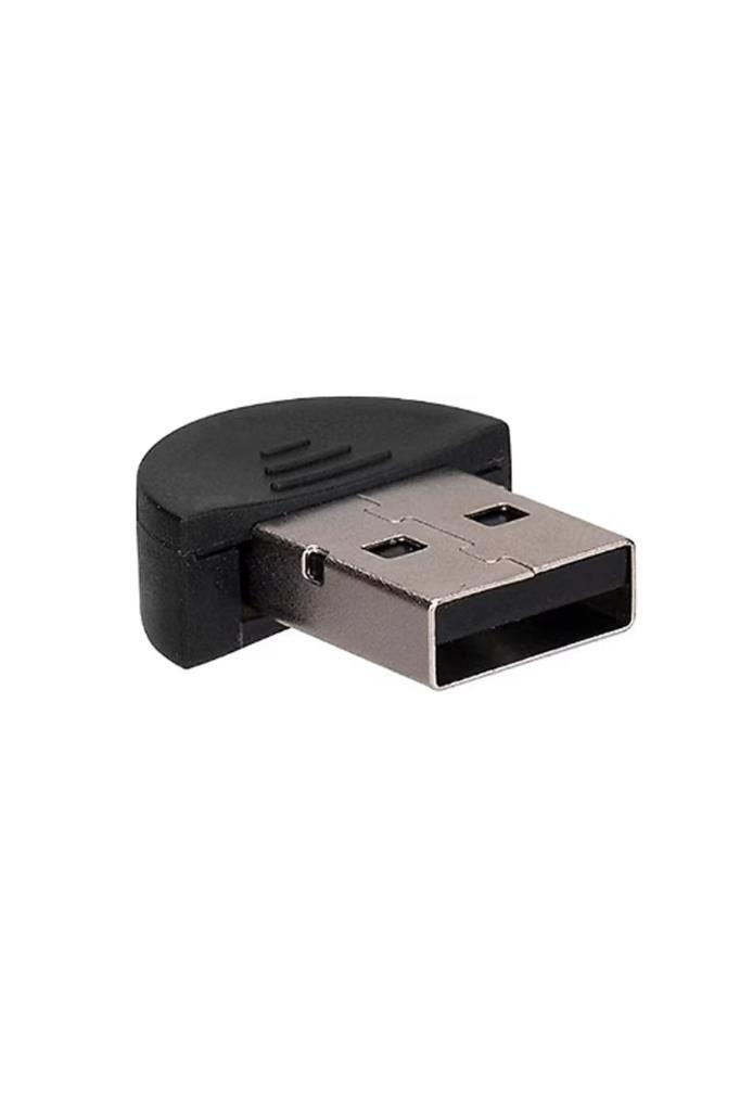 Gümüş renkli metal konektöre ve yarı dairesel siyah plastik başlığa sahip küçük bir USB alıcı, beyaz arkaplanda.