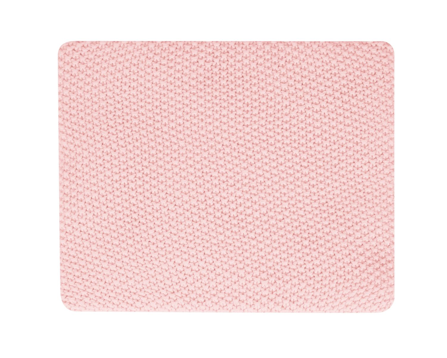Ein rechteckiges, hellrosa gestricktes Kissen vor einem weißen Hintergrund.