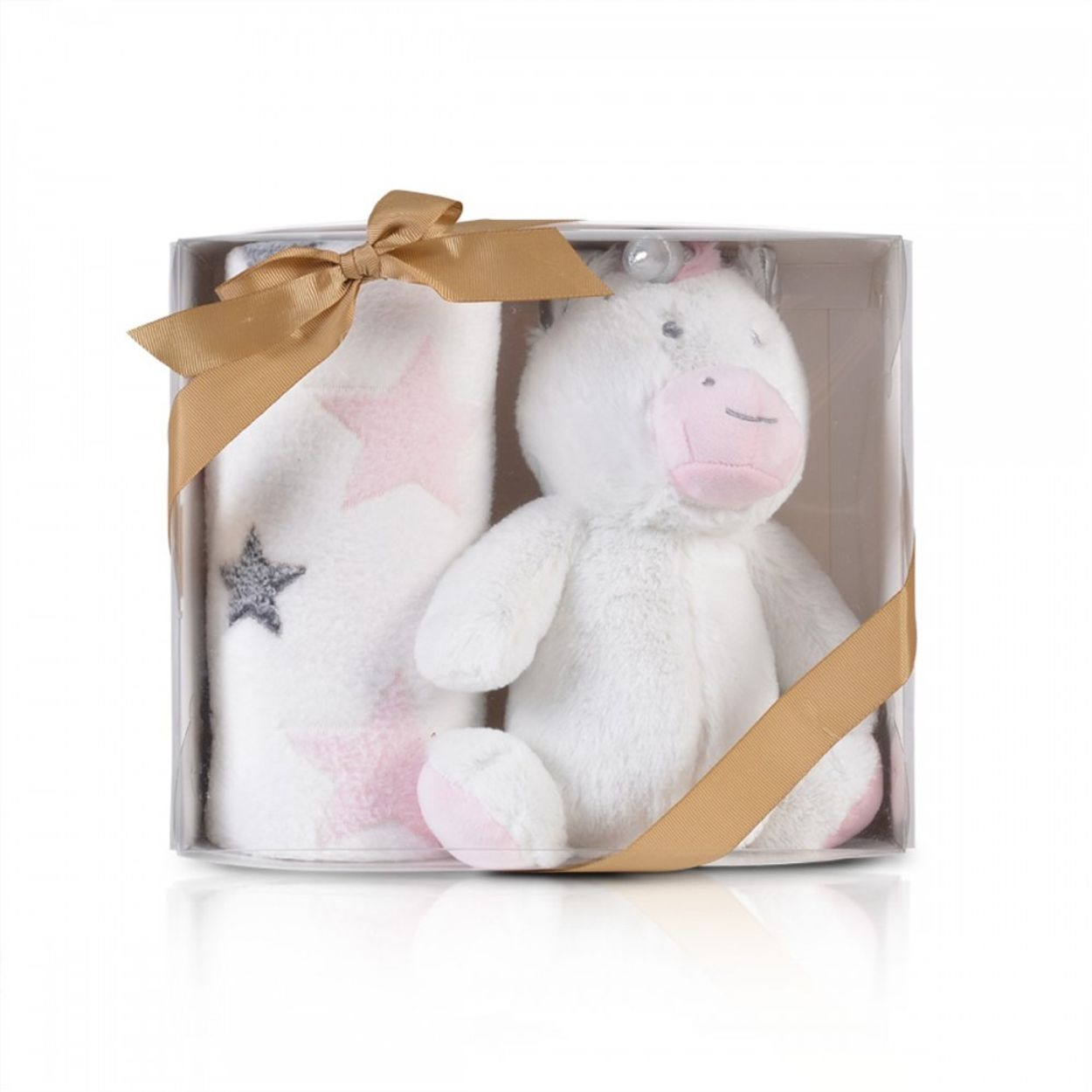 Eingepacktes Geschenkset mit weißem Einhorn-Plüschtier und gemusterter Babydecke, dekoriert mit einer goldenen Schleife.