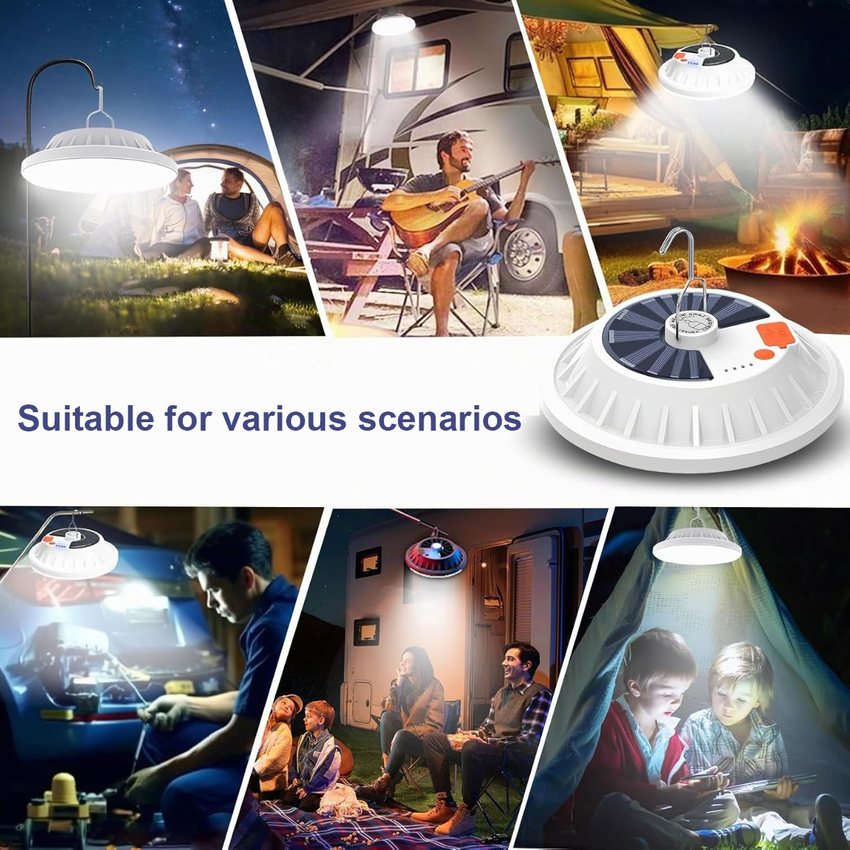 Eine Solarcampinglampe in verschiedenen Szenarien wie Camping, Autoreparatur und Zeltbeleuchtung.