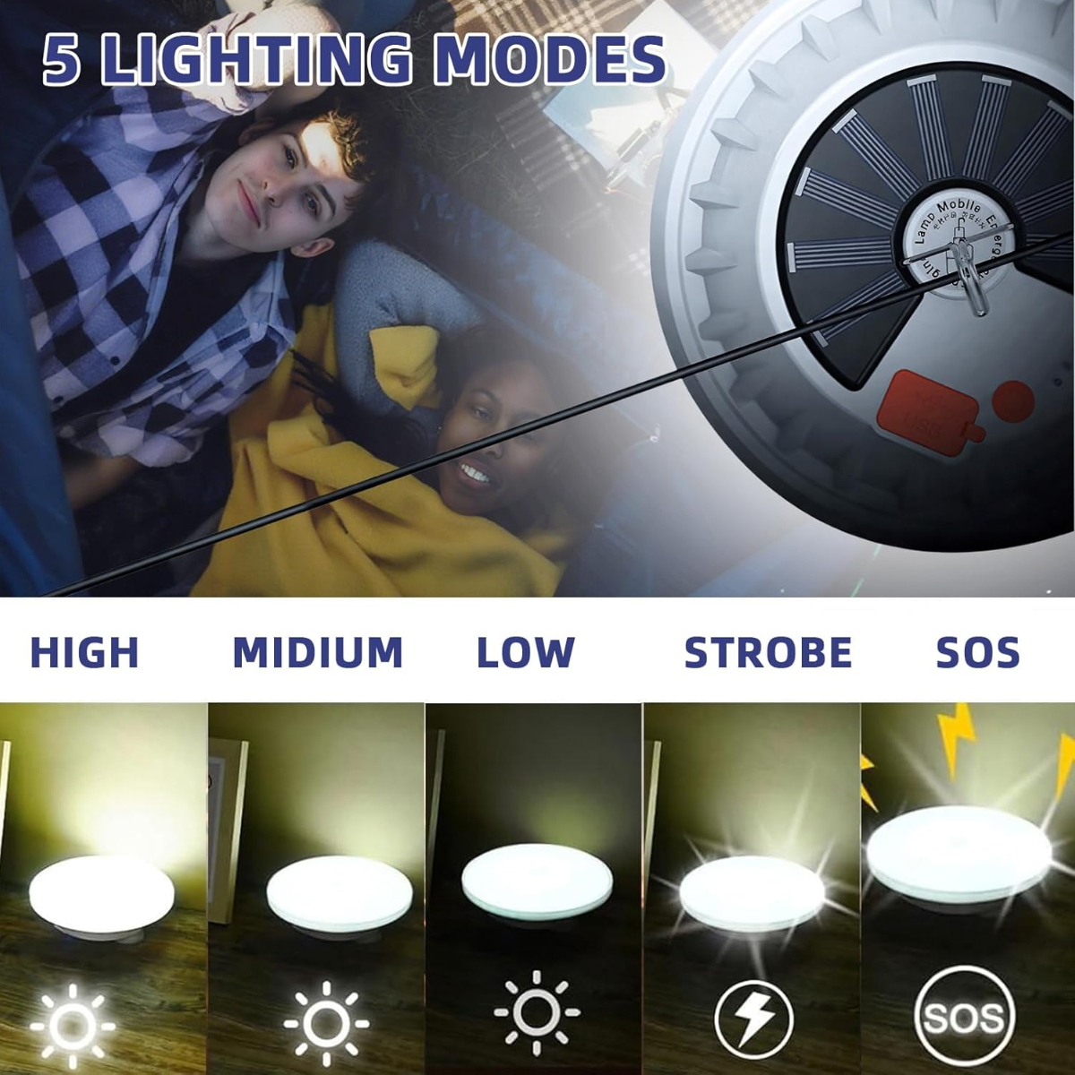 Solar-LED-Lampe mit fünf Beleuchtungsmodi und zwei Personen beim Camping.