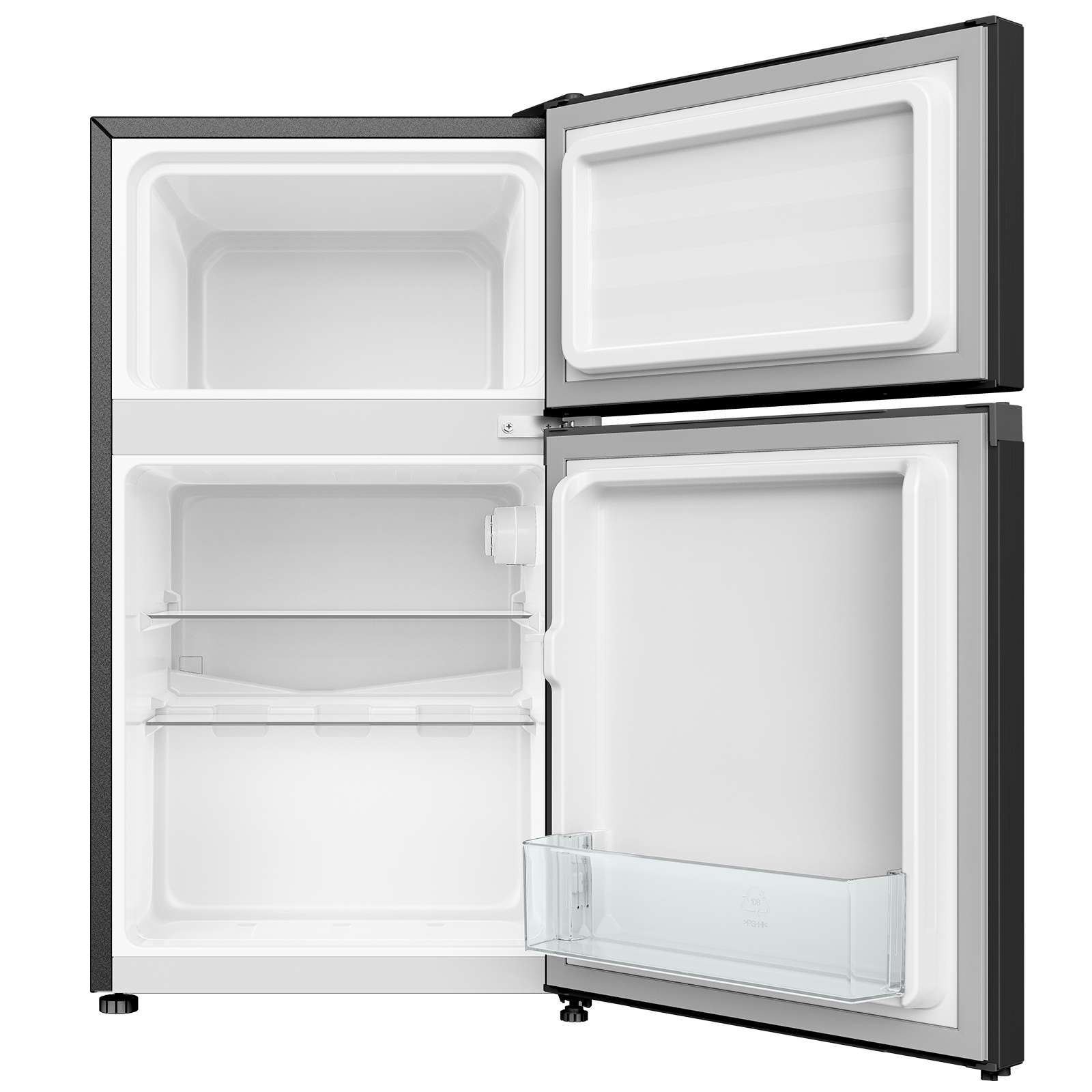 Un petit réfrigérateur noir et argent ouvert, avec un intérieur vide et des étagères réglables.