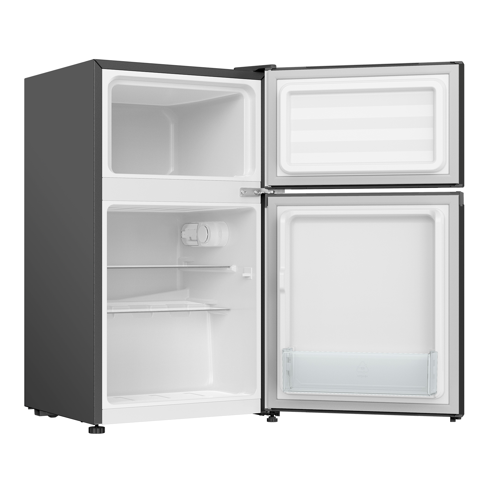 Un petit mini-réfrigérateur noir avec les deux portes ouvertes, montrant des étagères intérieures blanches.