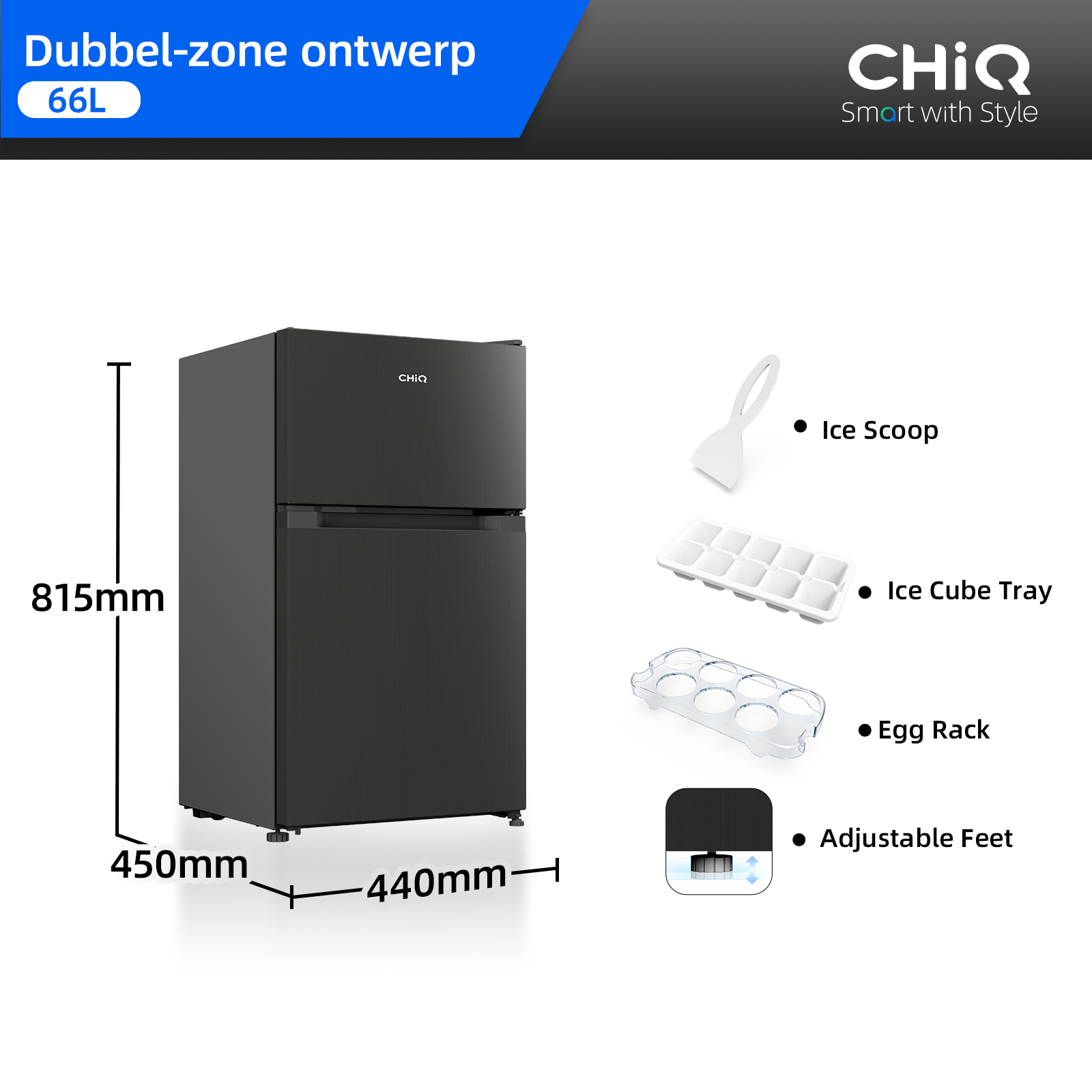 Mini-réfrigérateur CHiQ noir 66L avec dimensions, pelle à glaçons, bac à glaçons, casier à œufs et pieds réglables.