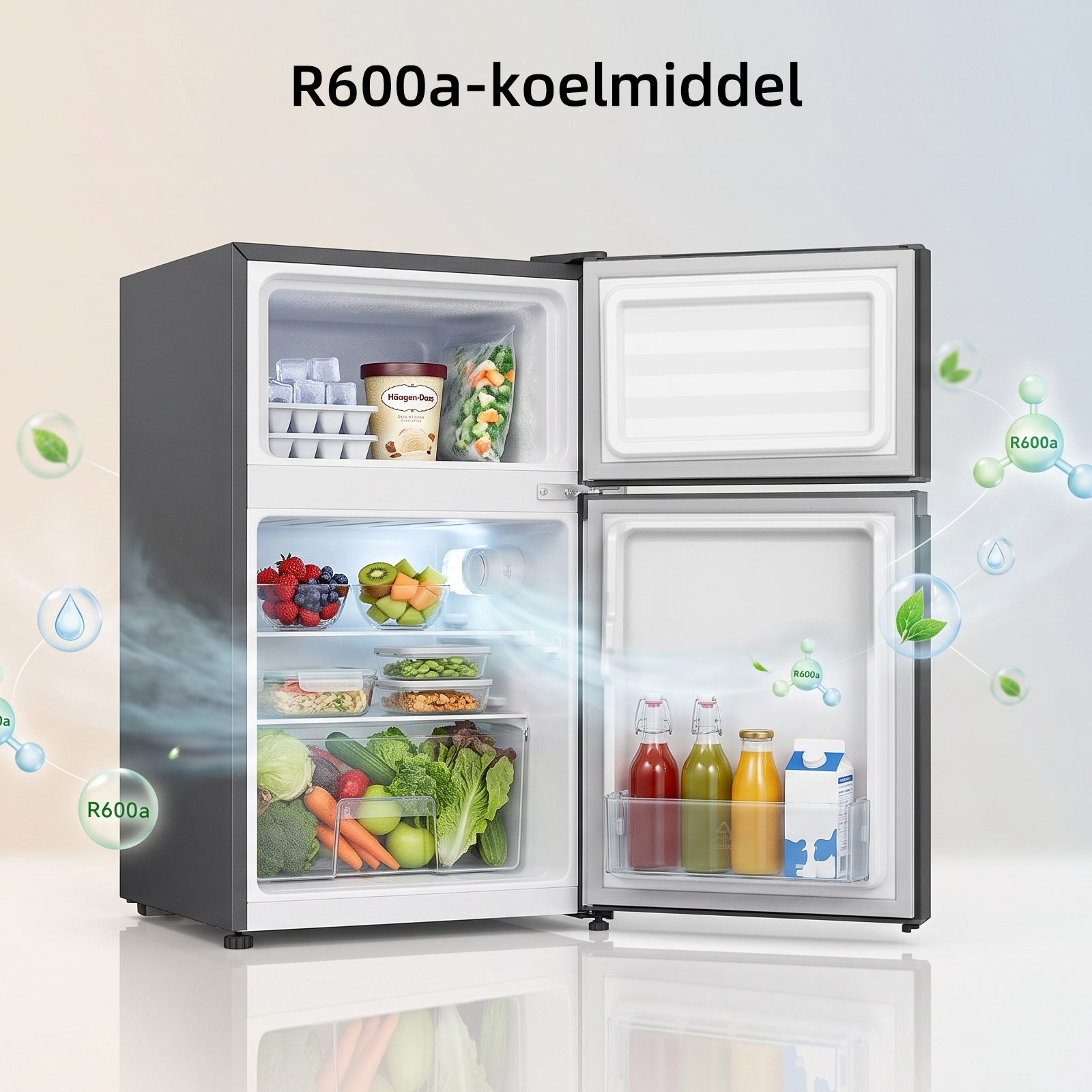Een open koelkast gevuld met fruit, groenten en drankjes, met milieuvriendelijke R600a koelmiddelafbeeldingen.