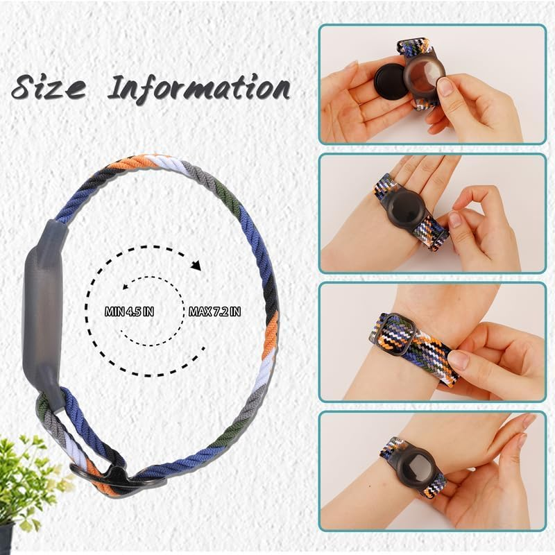Größeninformationen für ein buntes geflochtenes Armband mit integriertem Halter und Trageanleitung.