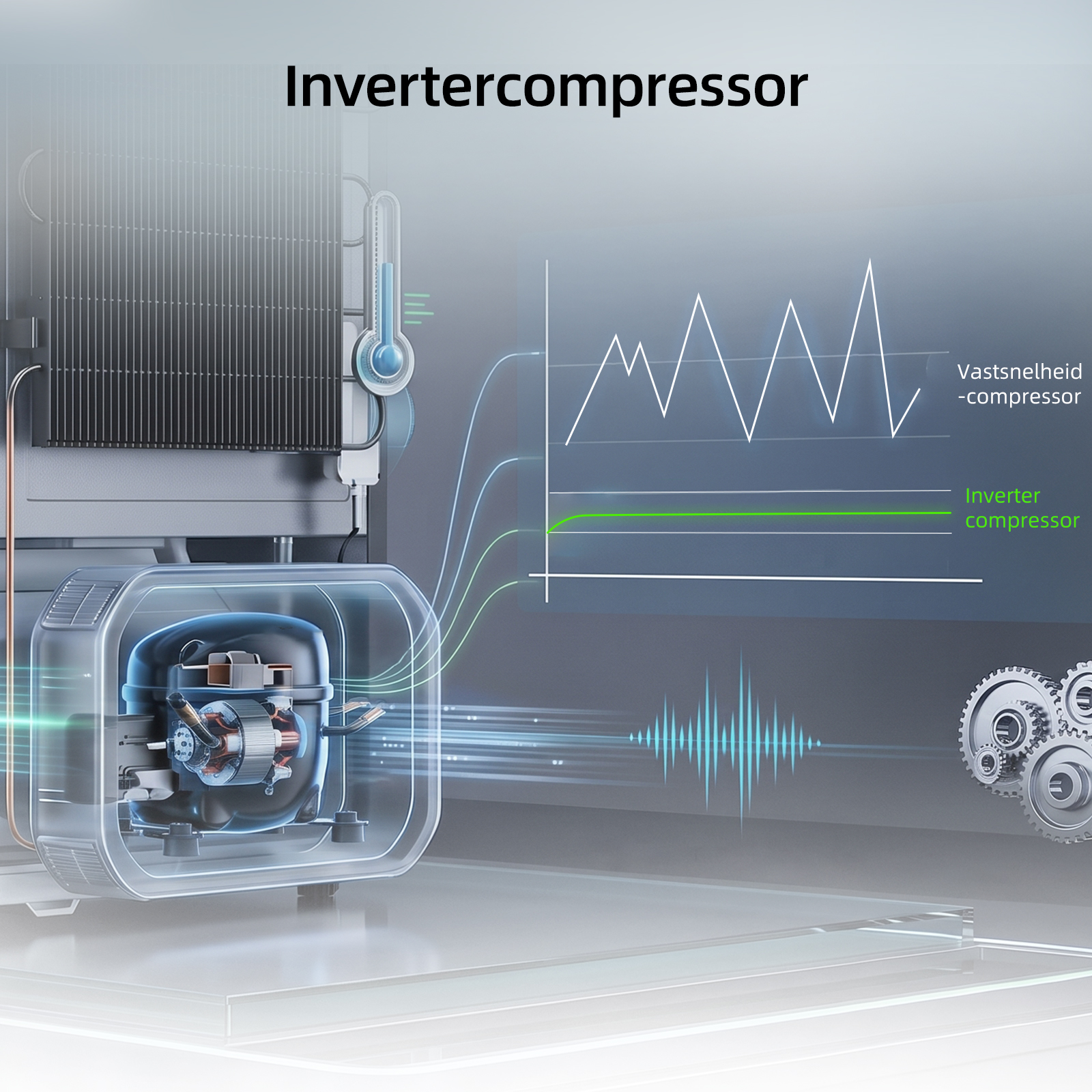 Diagramme d'un compresseur inverter montrant une efficacité stable face à un modèle standard.