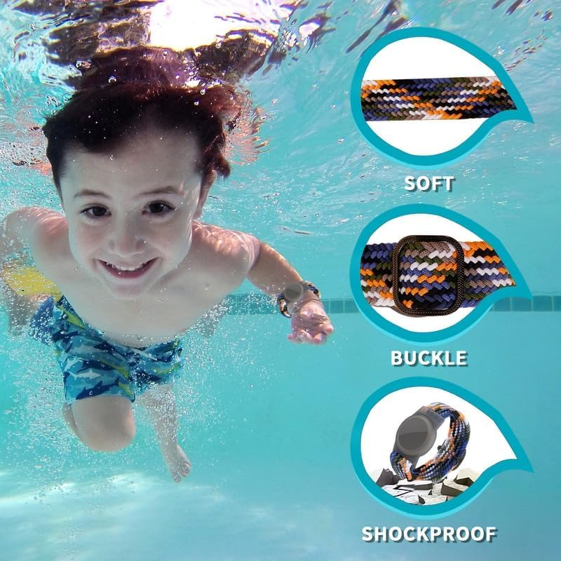 Ein Kind schwimmt unter Wasser, begleitet von Insets, die die Weichheit, Schnalle und Stoßfestigkeit des Armbands zeigen.