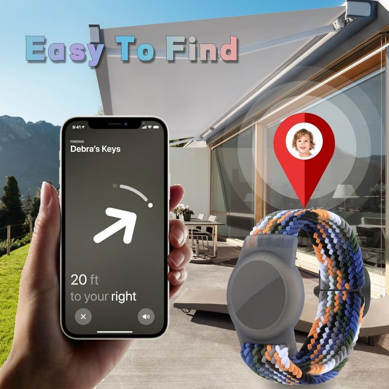 Hand hält ein Smartphone, das ein GPS-Tracking anzeigt, daneben eine Schlaufe mit einem Jungenporträt.