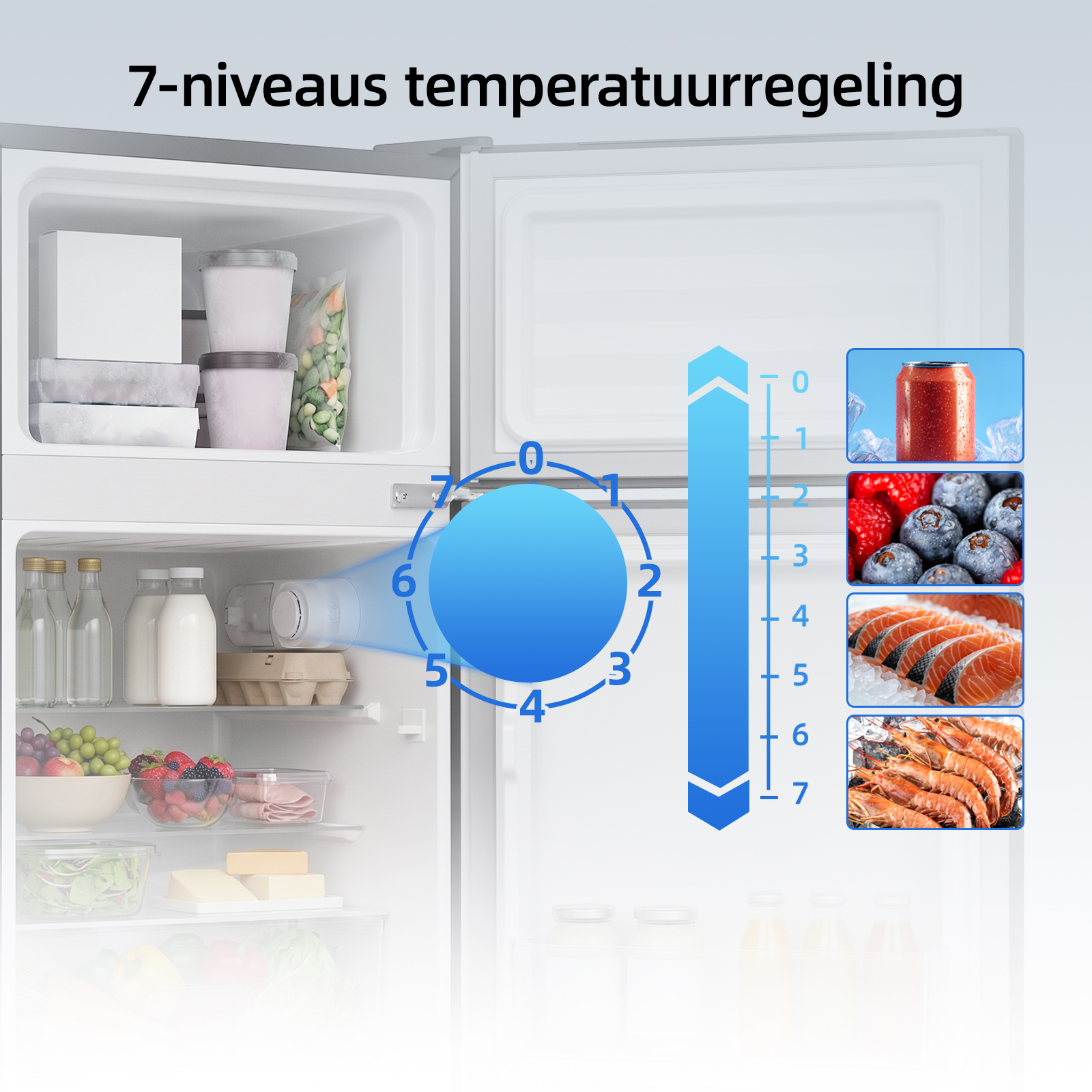 Intérieur de réfrigérateur avec des aliments et un cadran de température bleu de 0 à 7.