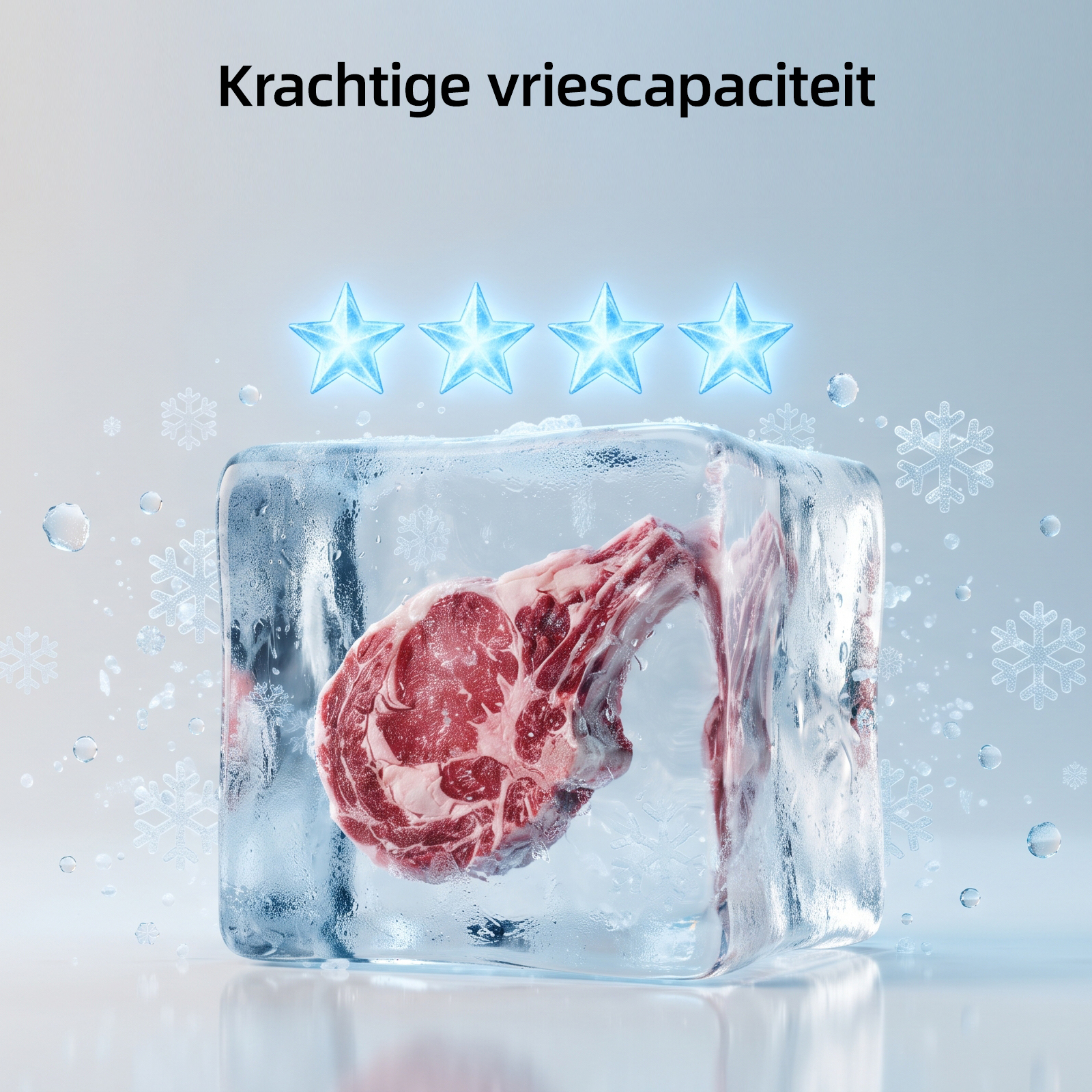 Un morceau de viande crue congelé dans un bloc de glace, avec quatre étoiles bleues et des flocons.