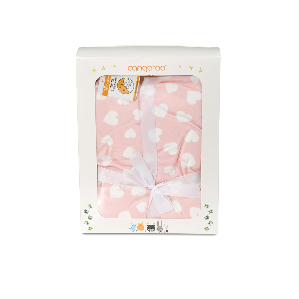 Eine rosa Babydecke mit weißen Herzen, verpackt in einer weißen Schachtel mit weißem Band.